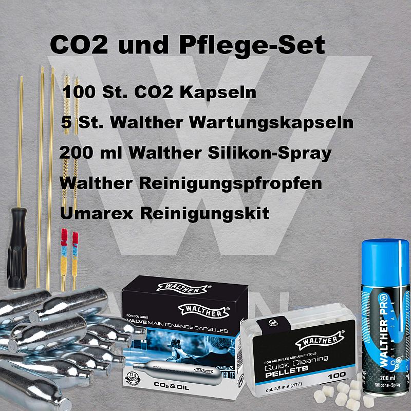 100CO2_WaltherSilicon200ml_5Wartungskapseln_reinigungskit_pfropfen Co2-Set mit 12g Co2 Kapseln, Wartungskapseln Silikonspray und Reinigungspfropfen von Walther mit Umarex Reinigungskit
