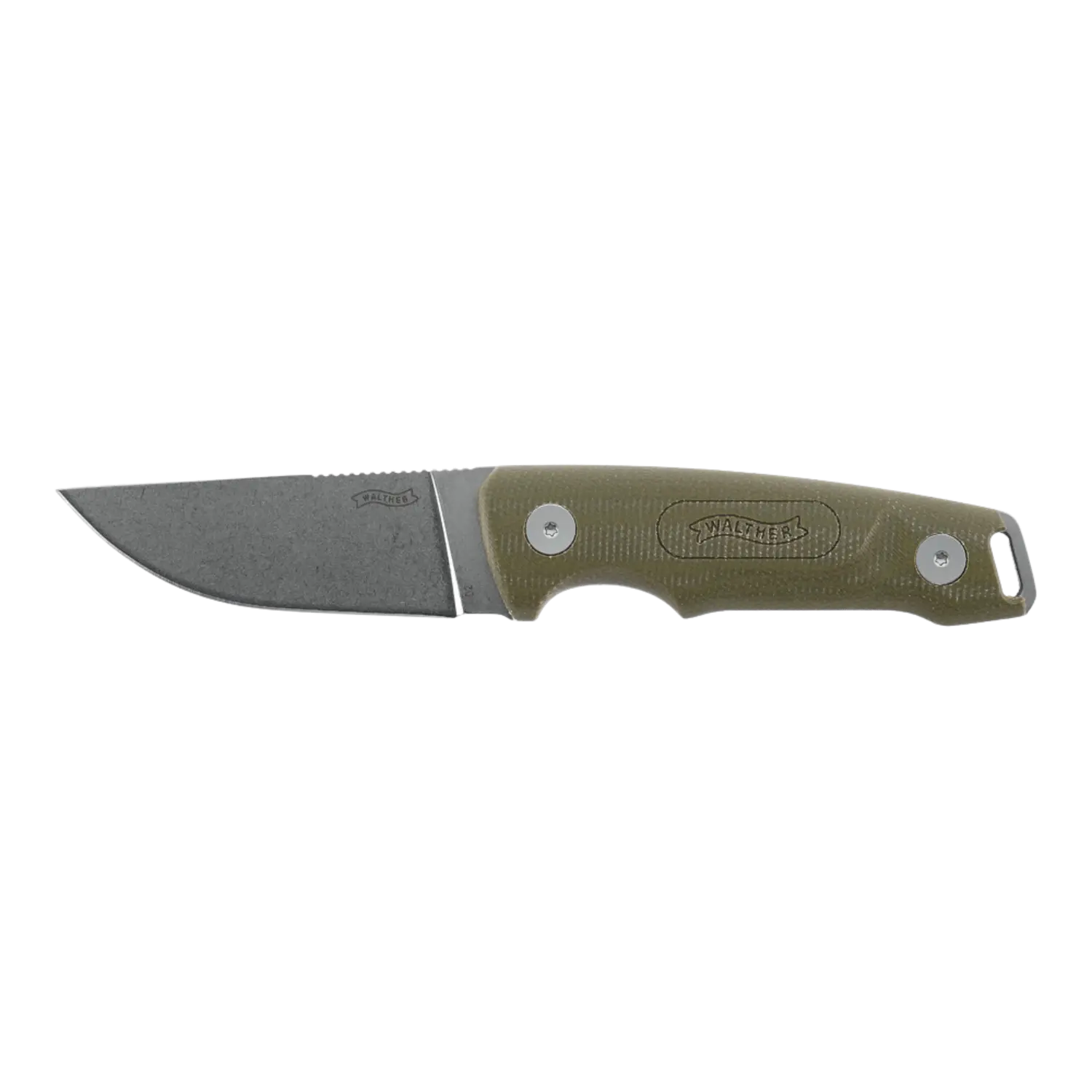 Walther GNK3 Taschenmesser mit einer gebogenen Klinge aus Stahl und einem olivgrünen Griff aus G-10-Material. Der Griff hat eine Daumenauflage und eine Öse.