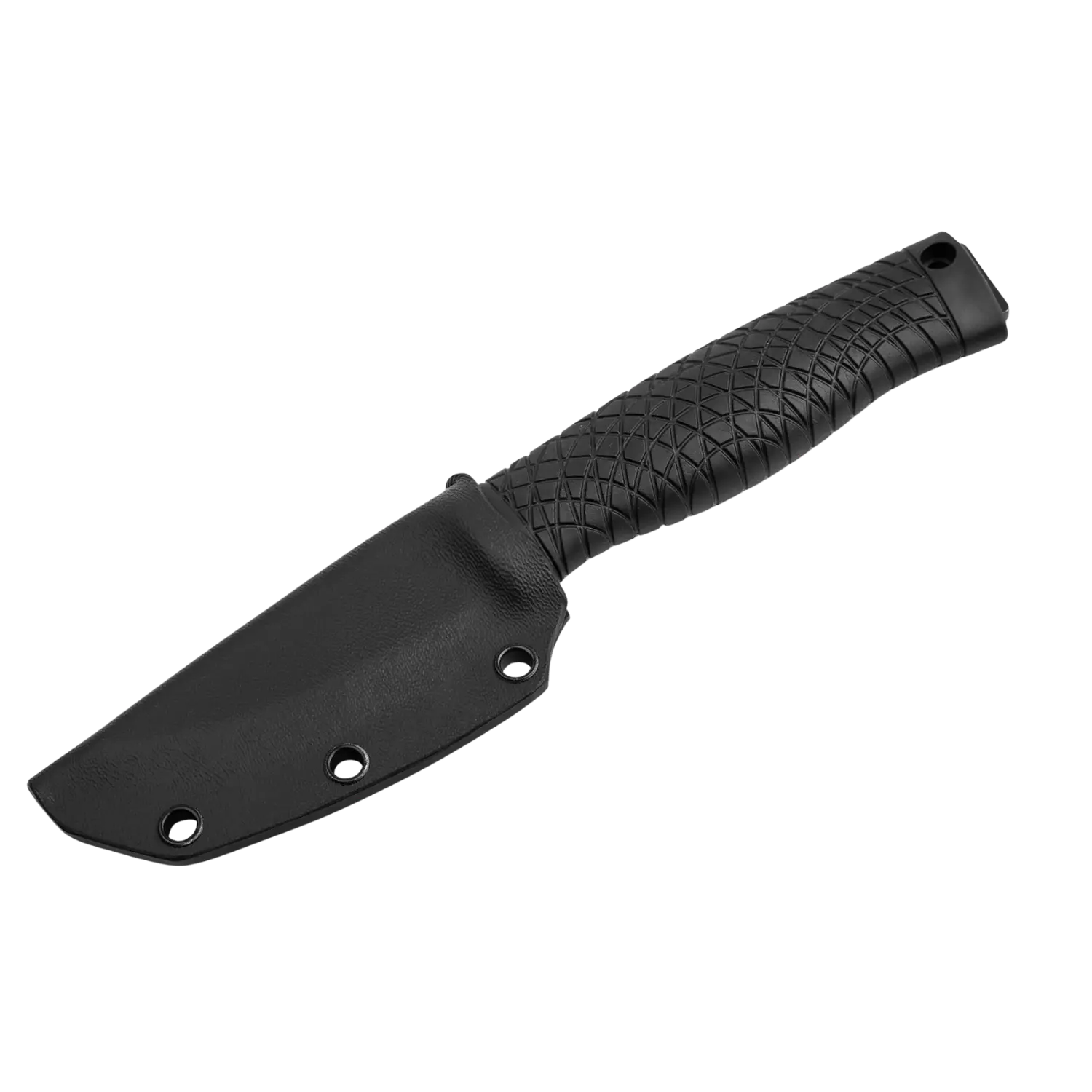 Feststehendes Messer Bronco Naturenshne MK1 mit schwarzer Klinge und strukturiertem Griff mit Loch am Griffende