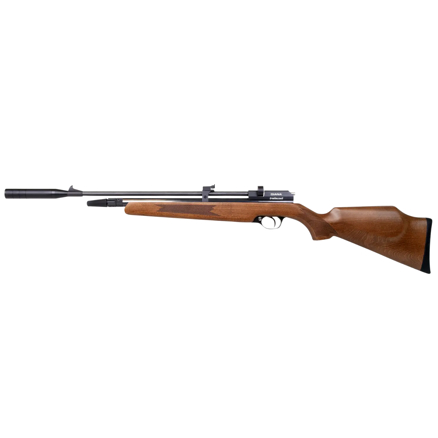 Diana Trailscout Luftgewehr, Holzschaft, 4,5 mm, seitliche Ansicht, mit schwarzem Lauf und Schalldämpfer.