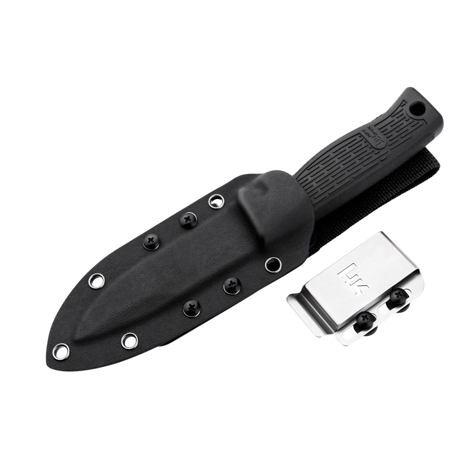 Heckler & Koch MP7 Personal Duty Knife PDK Messer mir schwarzem Griff in einer schwarzen Kunstoffscheide