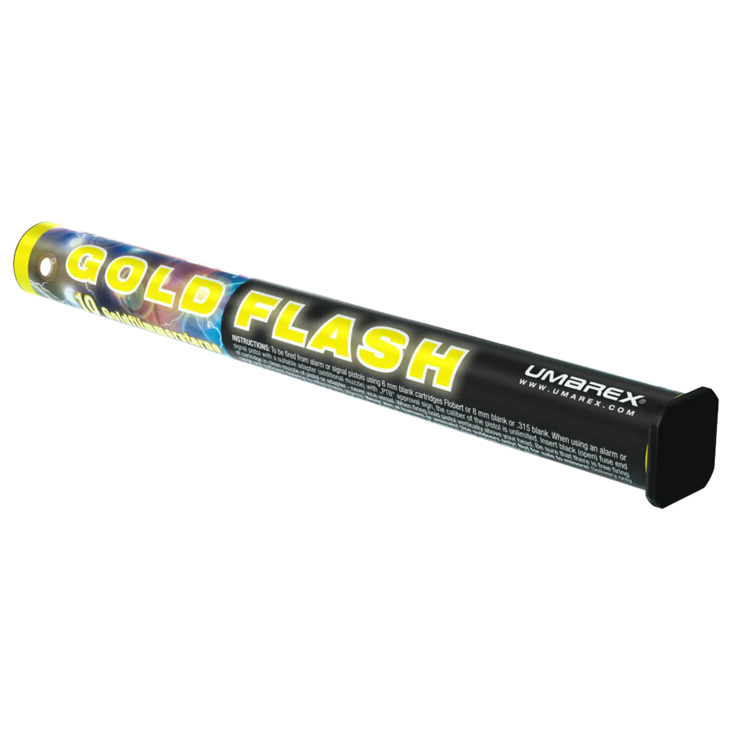 Zylindrische Verpackung mit der Aufschrift 'GOLD FLASH' in gelben Großbuchstaben, Marke Umarex, schwarze Grundfarbe mit gelbem Deckel.