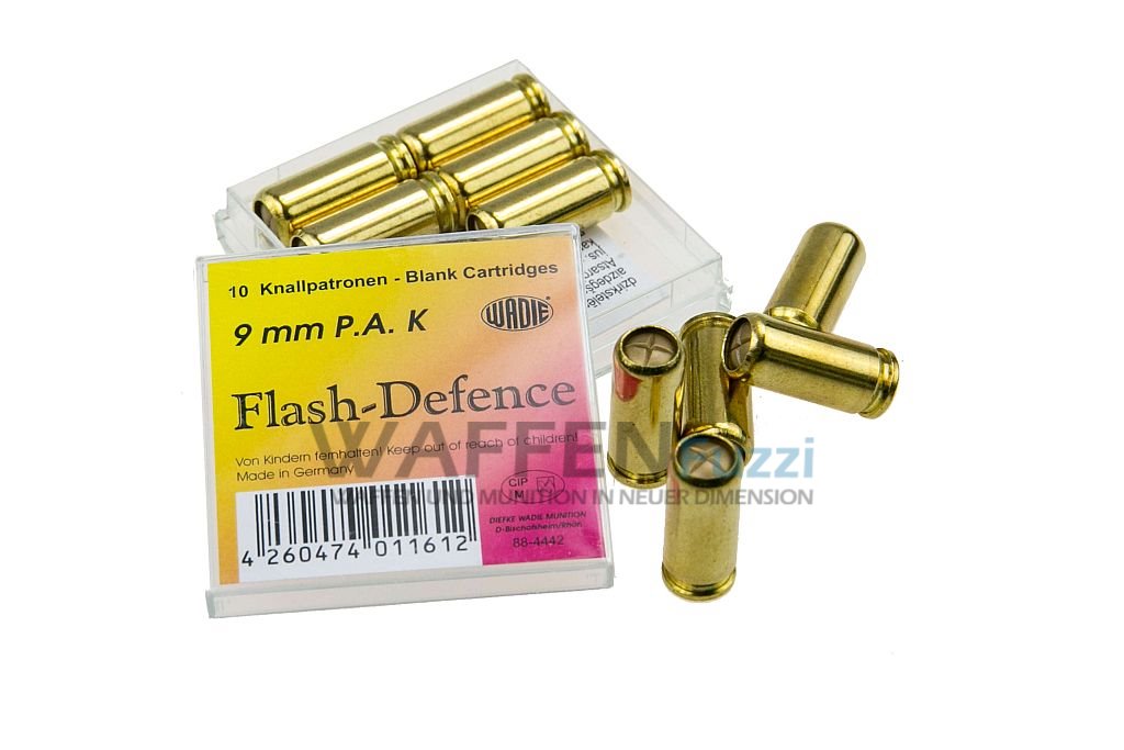 Wadie-Flash-Defense-10-Schuss-f-r-Pistolen-Kaliber-9mm-P-A-K Wadie Flash Defence Kugelblitz Knall Munition für Schreckschusspistolen Kaliber 9mm PAK