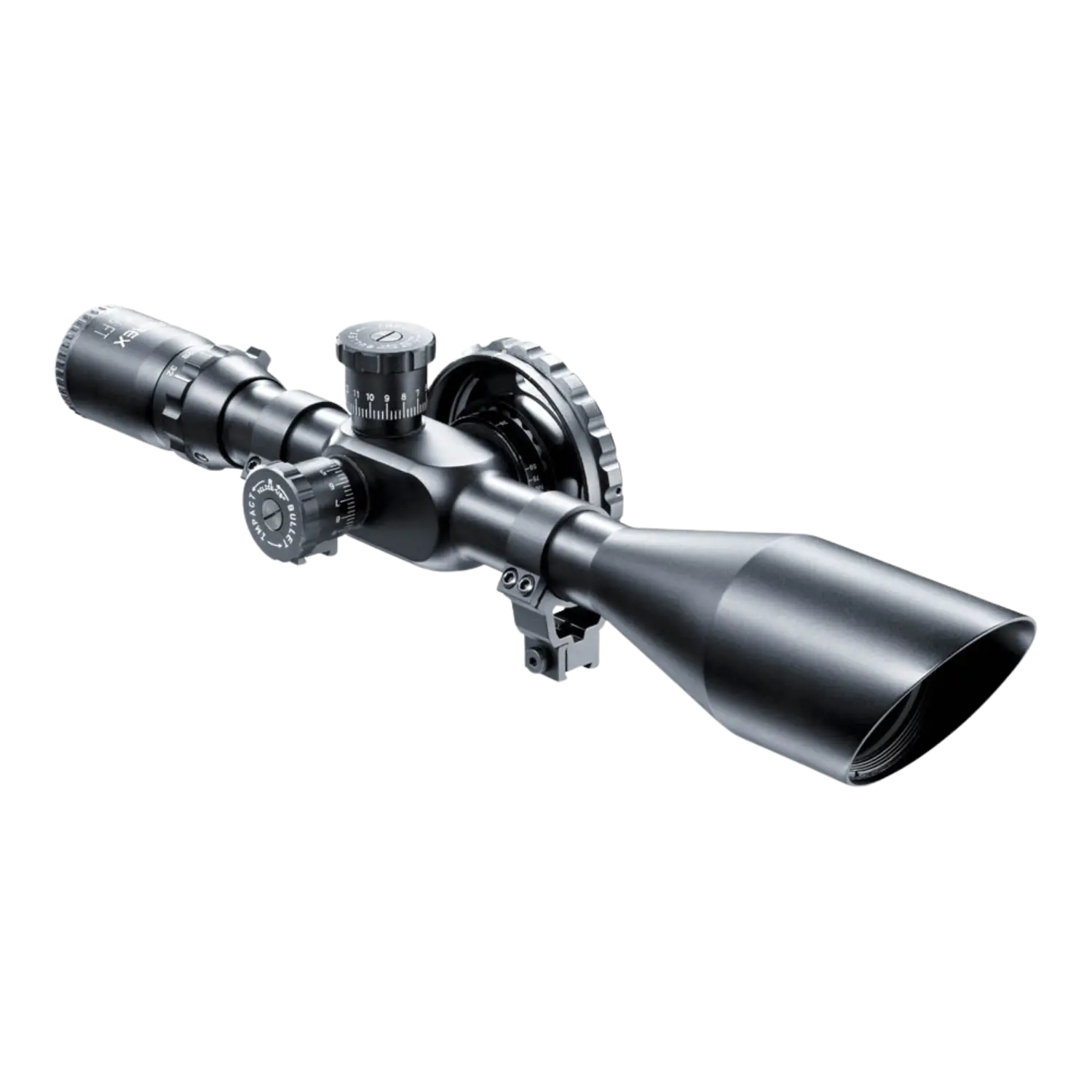Umarex Field Target ZF 8-32x56 + 11 mm Montageringe Umarex Zielfernrohr FT8, schwarz, mit verstellbaren Turmknöpfen und einem langen, konischen Objektiv. Montageschiene sichtbar.