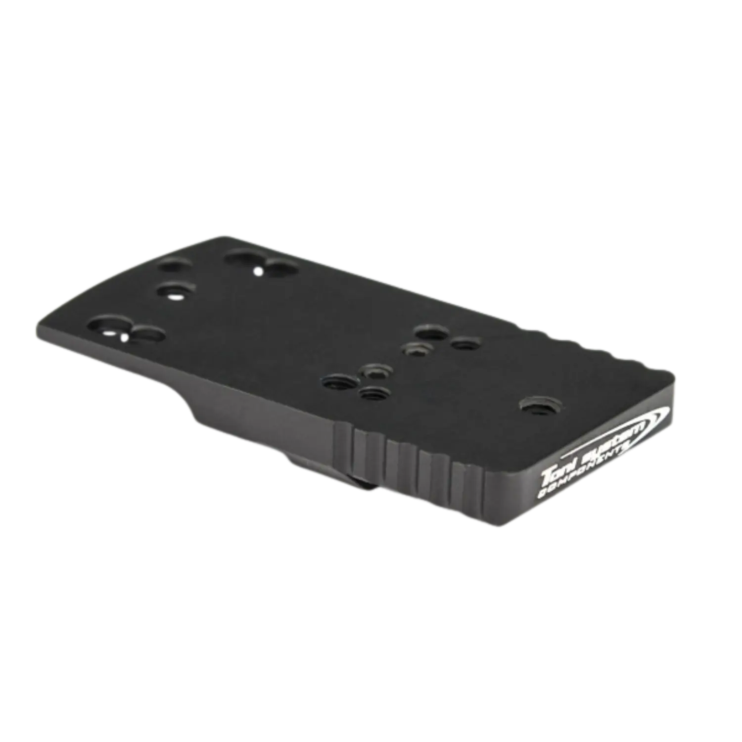 Schwarze Montageplatte mit mehreren Bohrungen und geriffeltem Rand, beschriftet mit 'Toni System' an der Seite.
