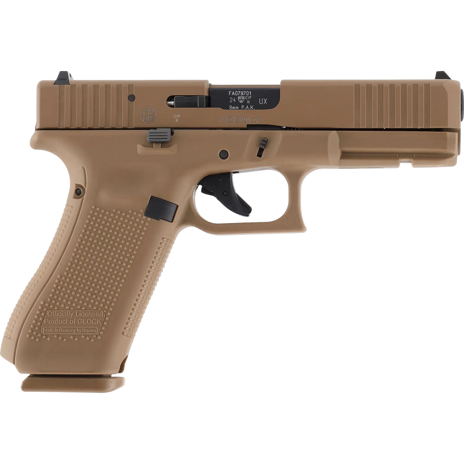 GLOCK 17 Gen5 SV 9mm P.A.K Double Set Coyote-Black GLOCK 17 Gen5 SV 9mm P.A.K. Pistole in Coyote-Farbe mit schwarzem Abzug und Visier, Griff mit Struktur, Seitenansicht rechts.