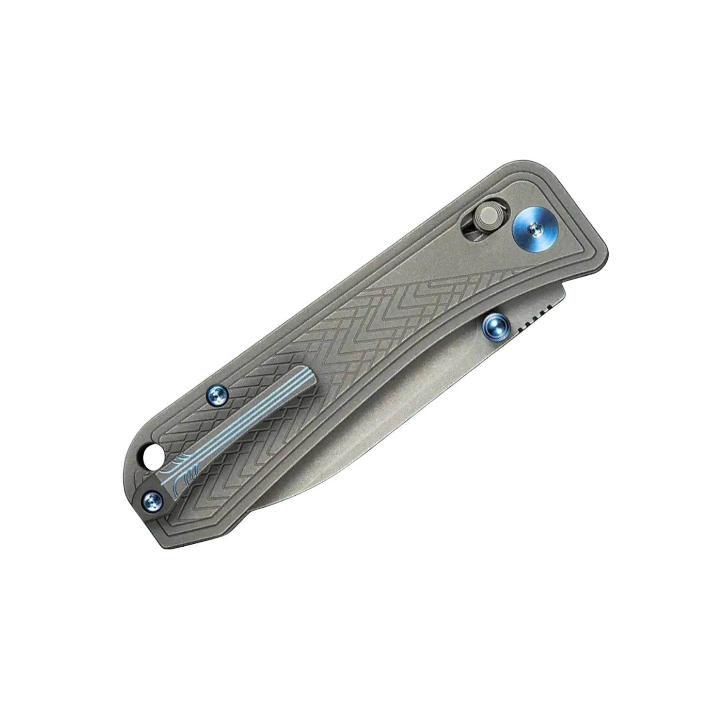 Klappmesser mit grauen Griff mit blauen Akzenten mit mattgrauer Klinge