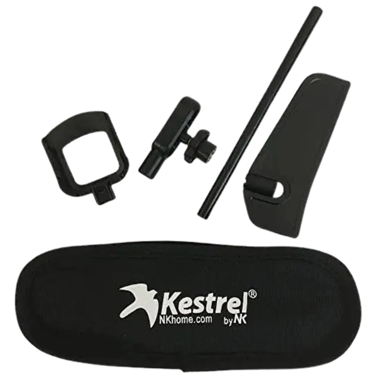 Tragetasche mit Kestrel-Logo und vier schwarze Einzelteile des Kestrel Rotating Vane Mounts für die Kestrel 5000-Serie