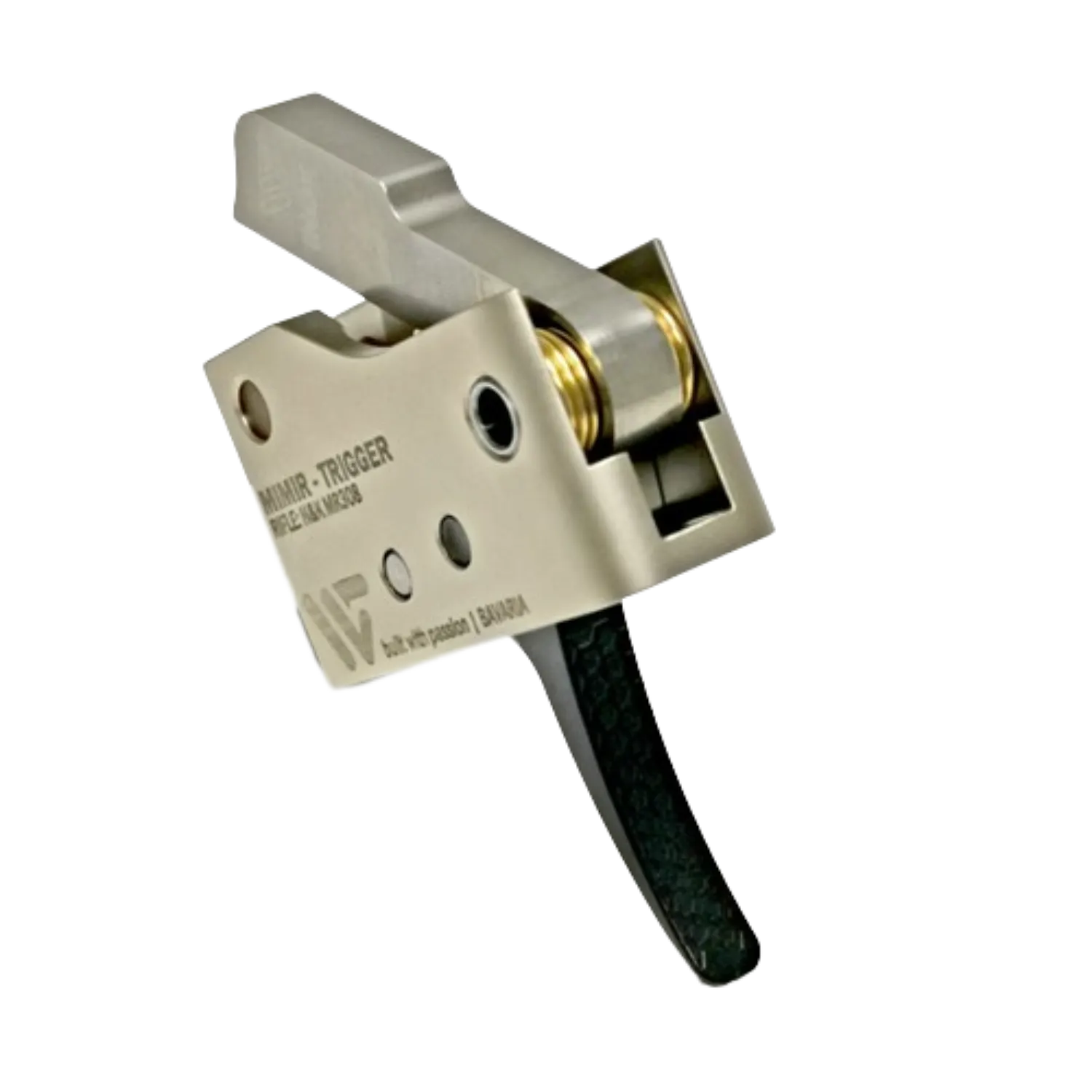 WPNTEC MIMIR Abzug, silberner Metallkörper mit schwarzem Abzug, sichtbare Federn und Mechanik, präzise Bauweise.