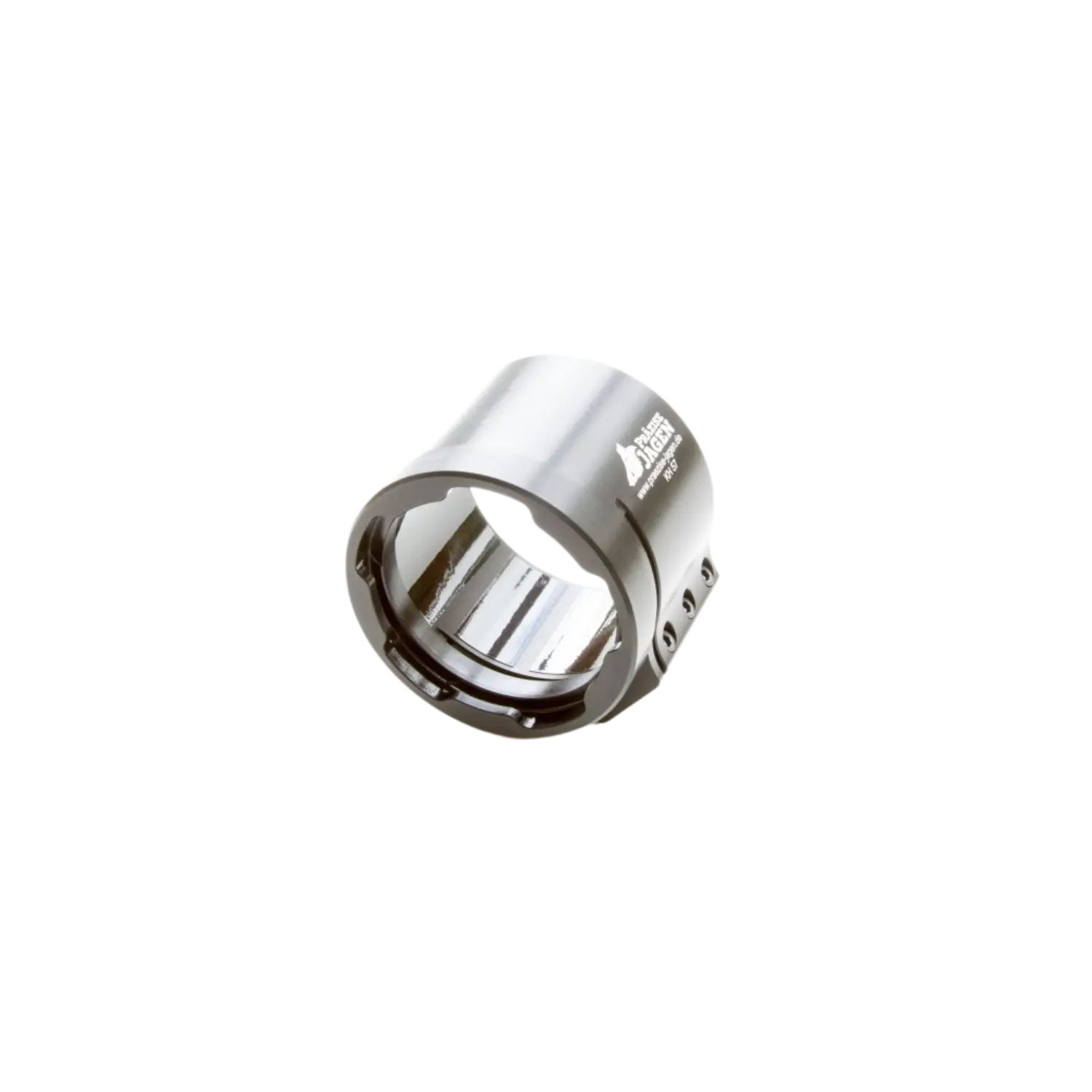 Metallische Klemmhülse Präzise Jagen KH-57 mit 57 mm Außendurchmesser, zylindrisch, glänzend, mit Schrauben zur Befestigung.