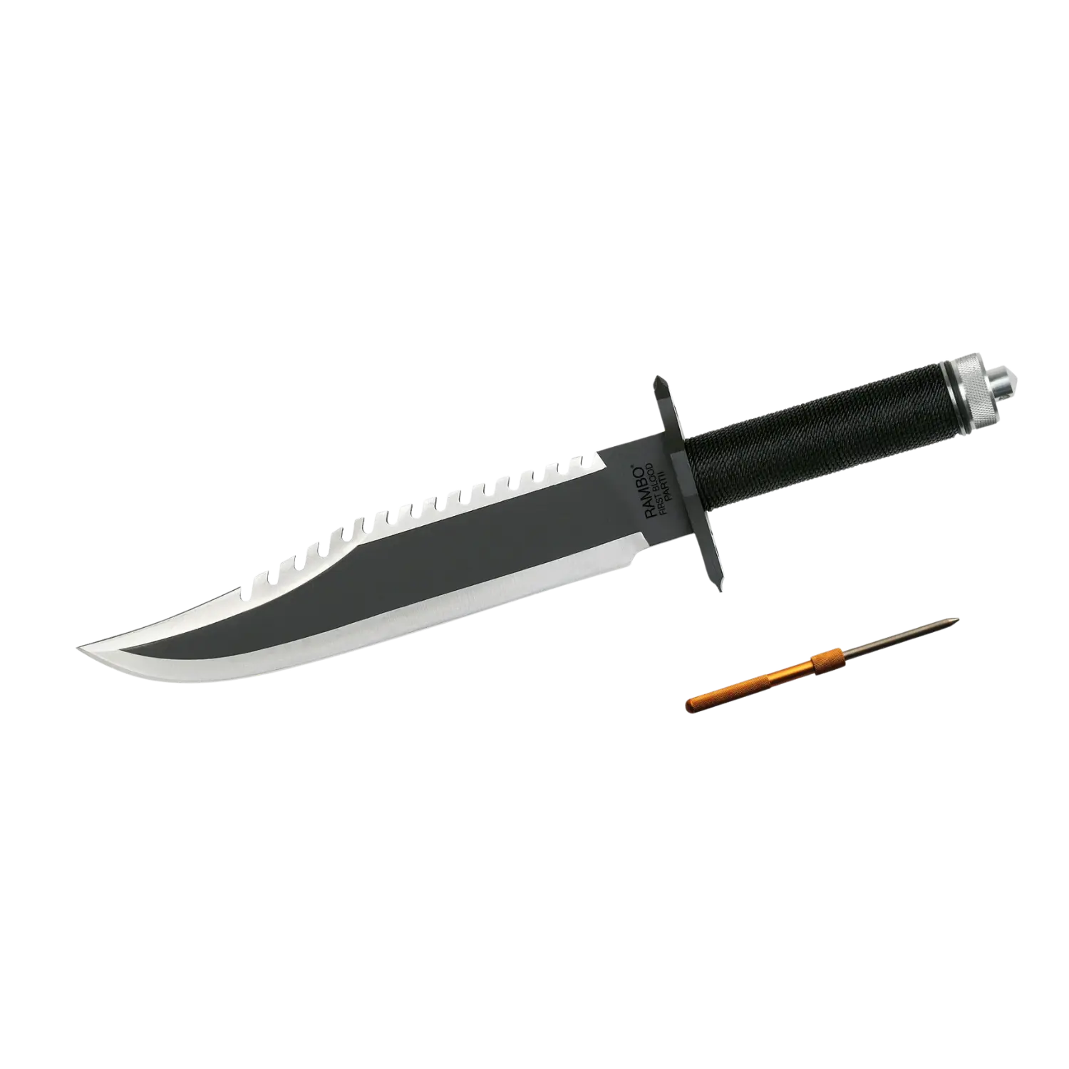 Rambo First Blood Part II Messer mit gezackter Klinge und schwarzem Griff, daneben ein kleiner Schleifstab
