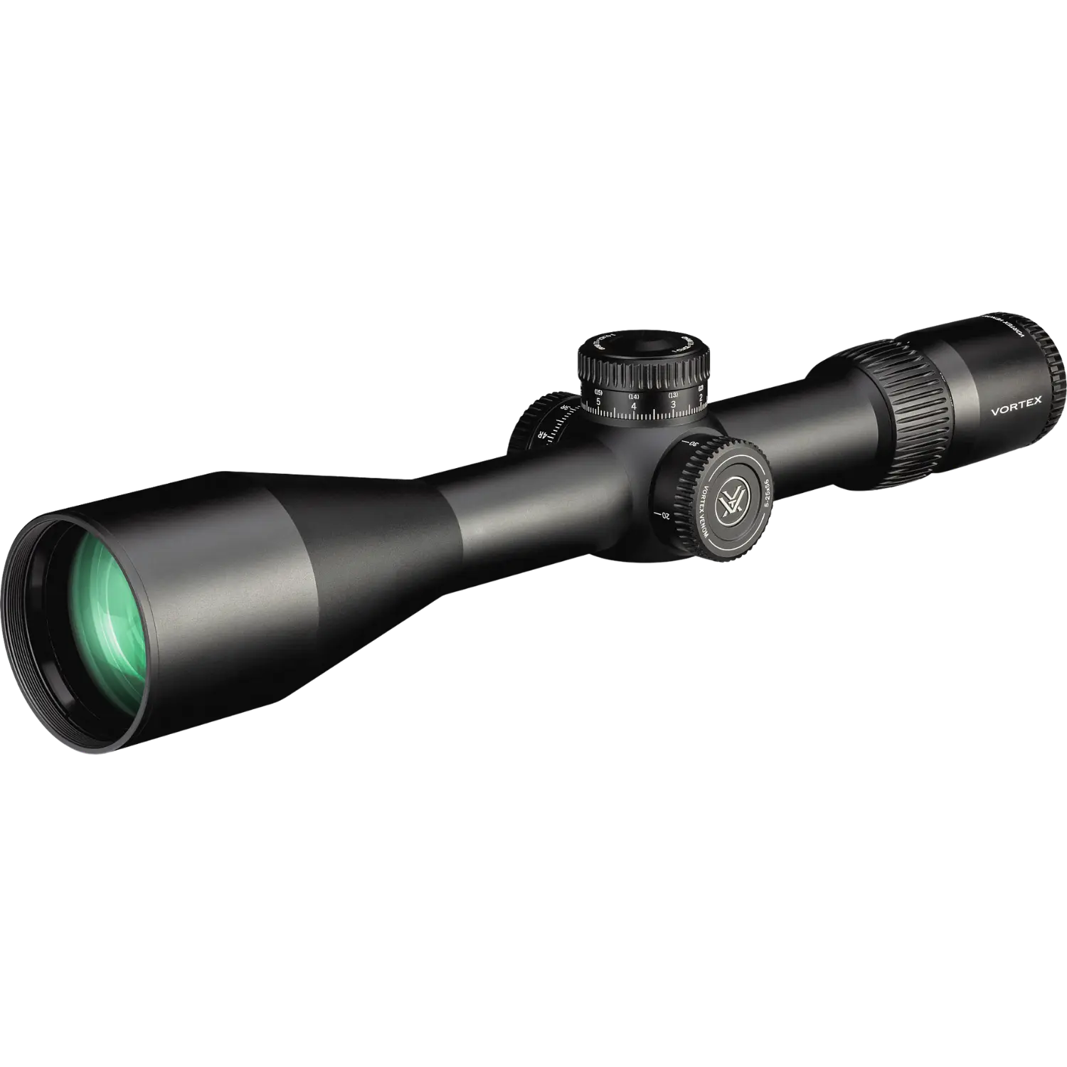 Vortex Zielfernrohr Venom 5-25x56 FFP, schwarzes Gehäuse, länglicher Körper mit verstellbarem Okular und Objektiv, grüne Linse.