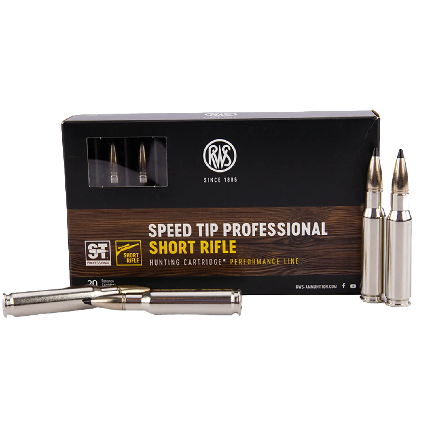 Schwarze Verpackung mit der Aufschrift 'RWS Speed Tip Professional Short Rifle Hunting Cartridge Performance Line' und drei silberne Patronen, zwei stehend, eine liegend.