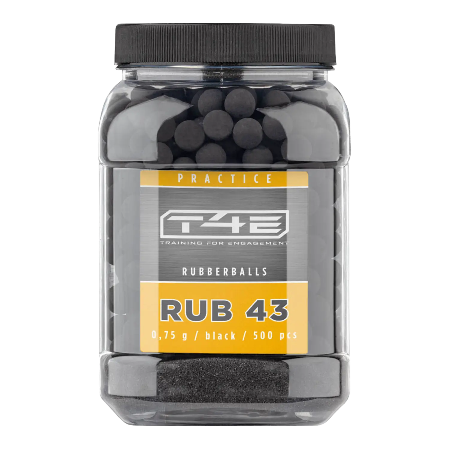 schwarze Gummigeschosse im Kaliber 43. In einen durchsichtigen Schraubglas mit grau gelber Banderole.
