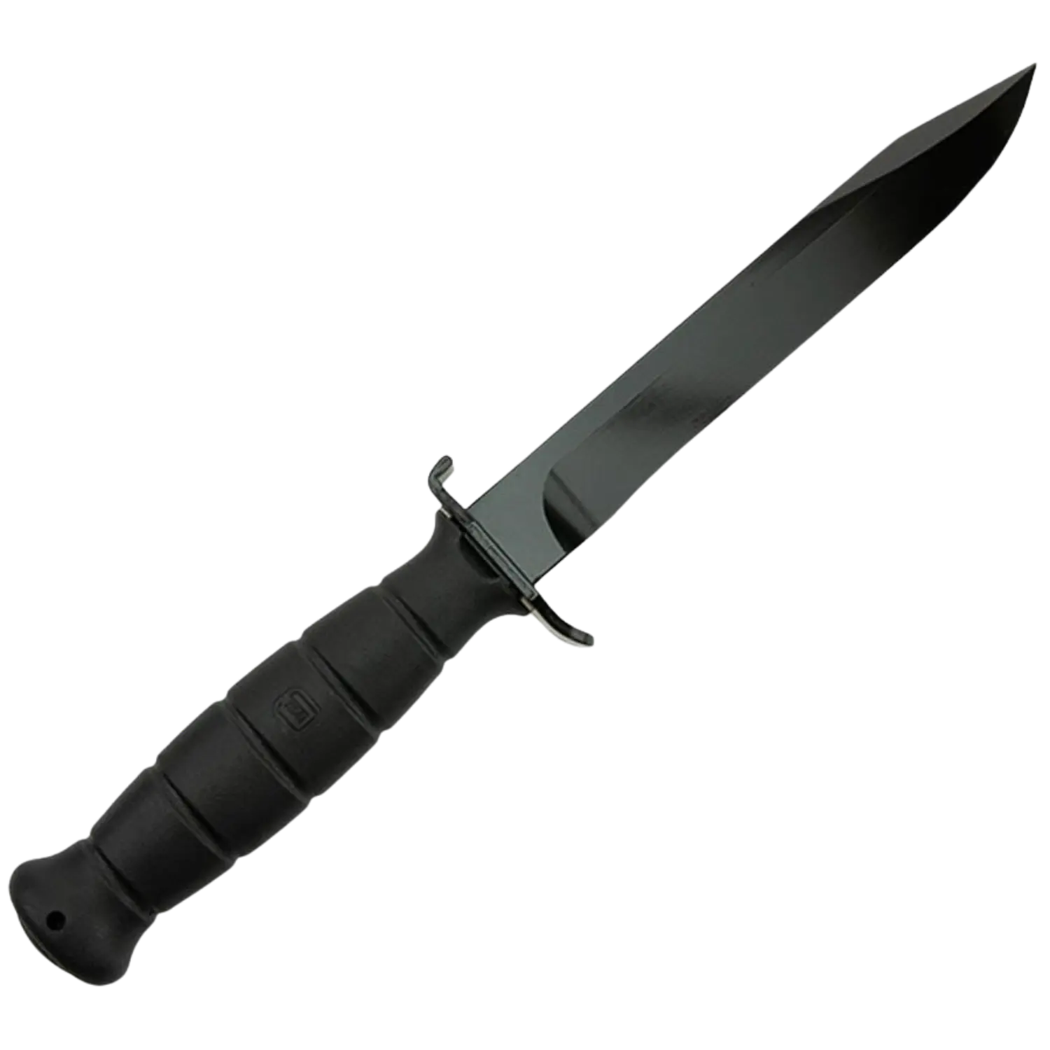 Schwarzes Feldmesser mit glattem, breitem Klingenblatt und rutschfestem Griff. Die Klinge hat eine gerade Schneide und eine leicht gebogene Spitze.