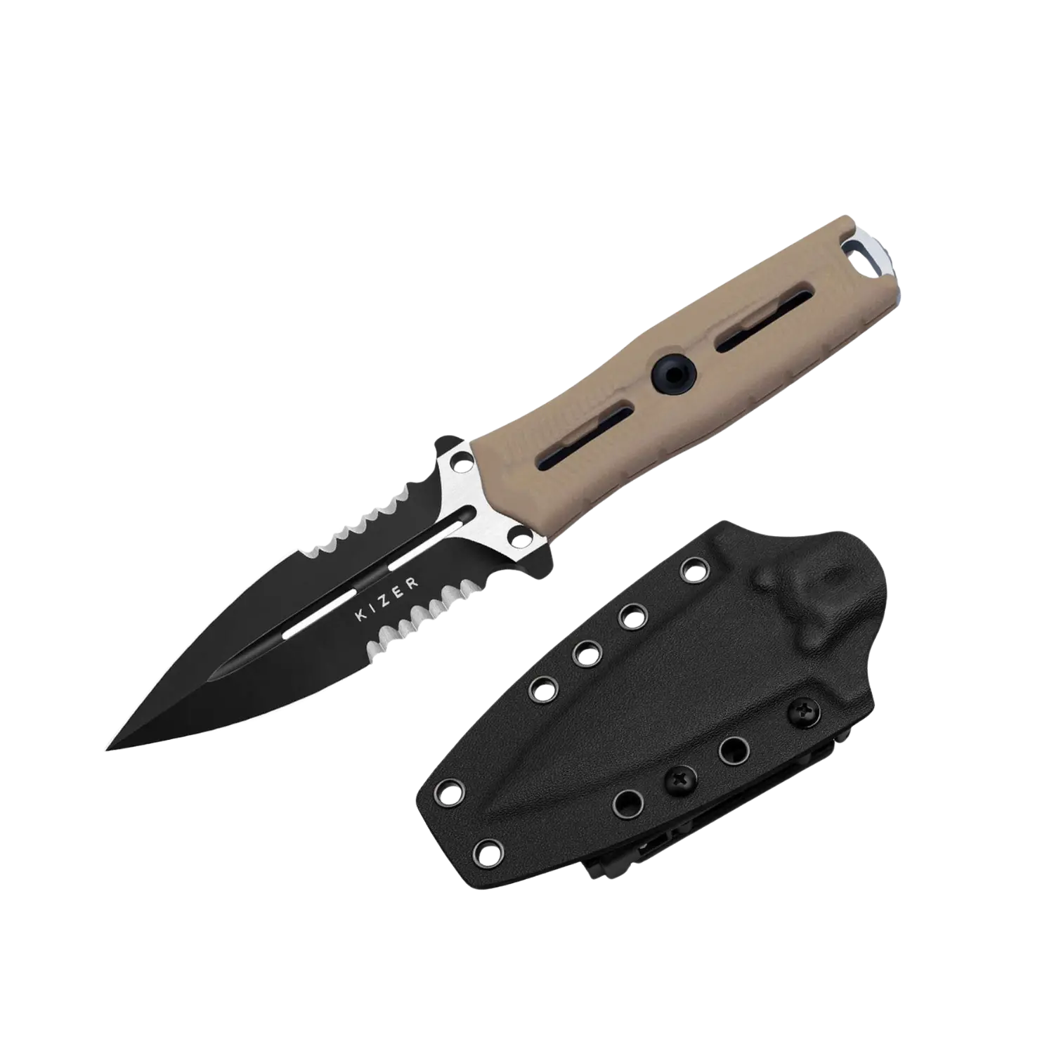 Taktisches Messer mit schwarzer Klinge, teils gezahnt, und braunem Griff neben schwarzer Scheide mit Befestigungslöchern.