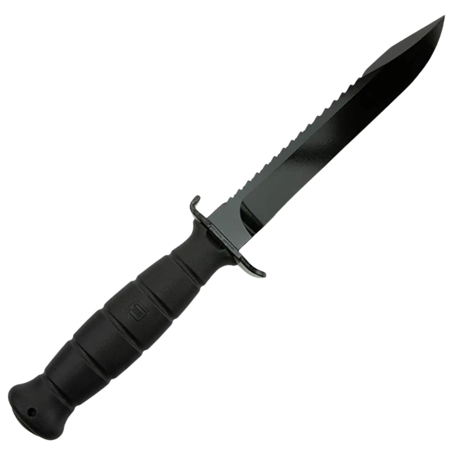 schwarzes Messer mit schwarzem gummiertem Griff,schwarzer Klinge mit säge