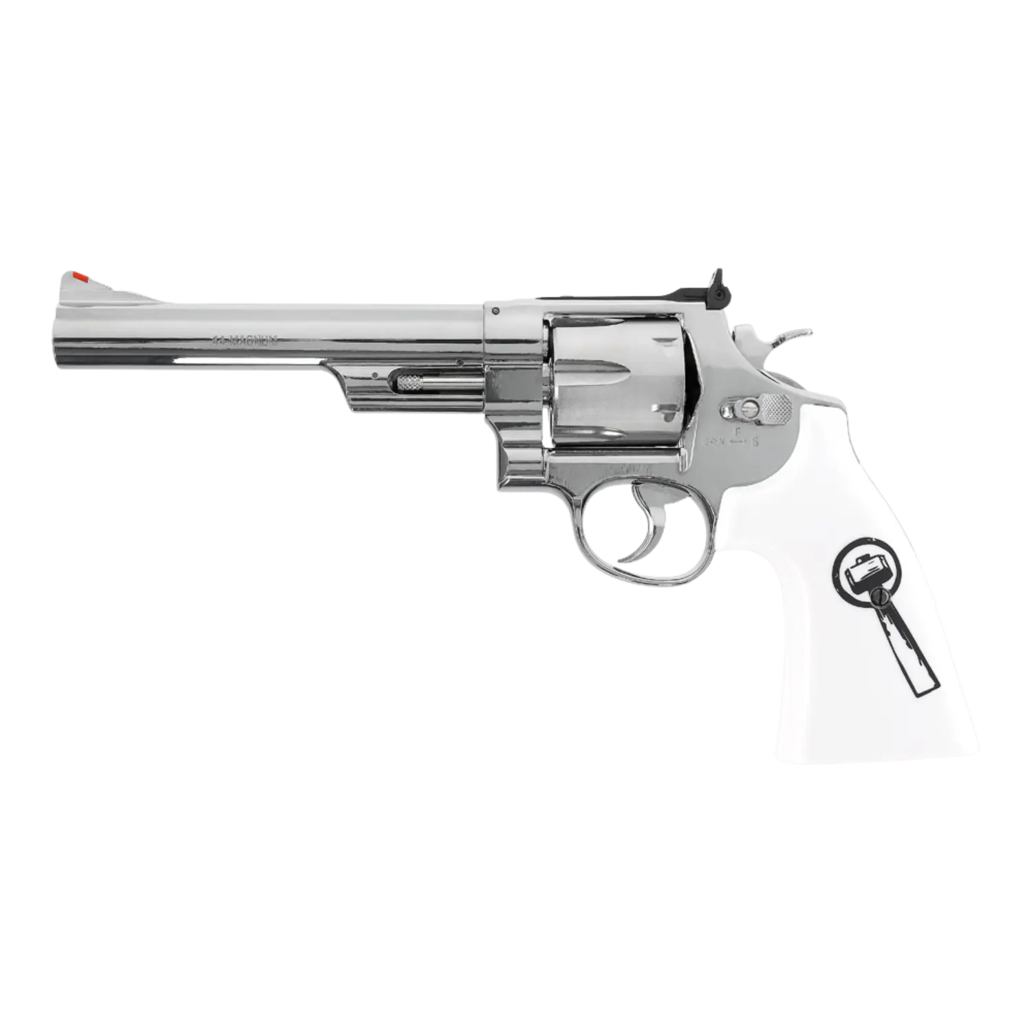 Smith & Wesson 629 Trust Me 6" NKL-WHT CO2 Revolver 4,5mm BB Luftdruckrevolver 4,5 mm mit silbernem Lauf und weißem Griff, auf dem ein schwarzes Flaschenöffner-Symbol abgebildet ist.