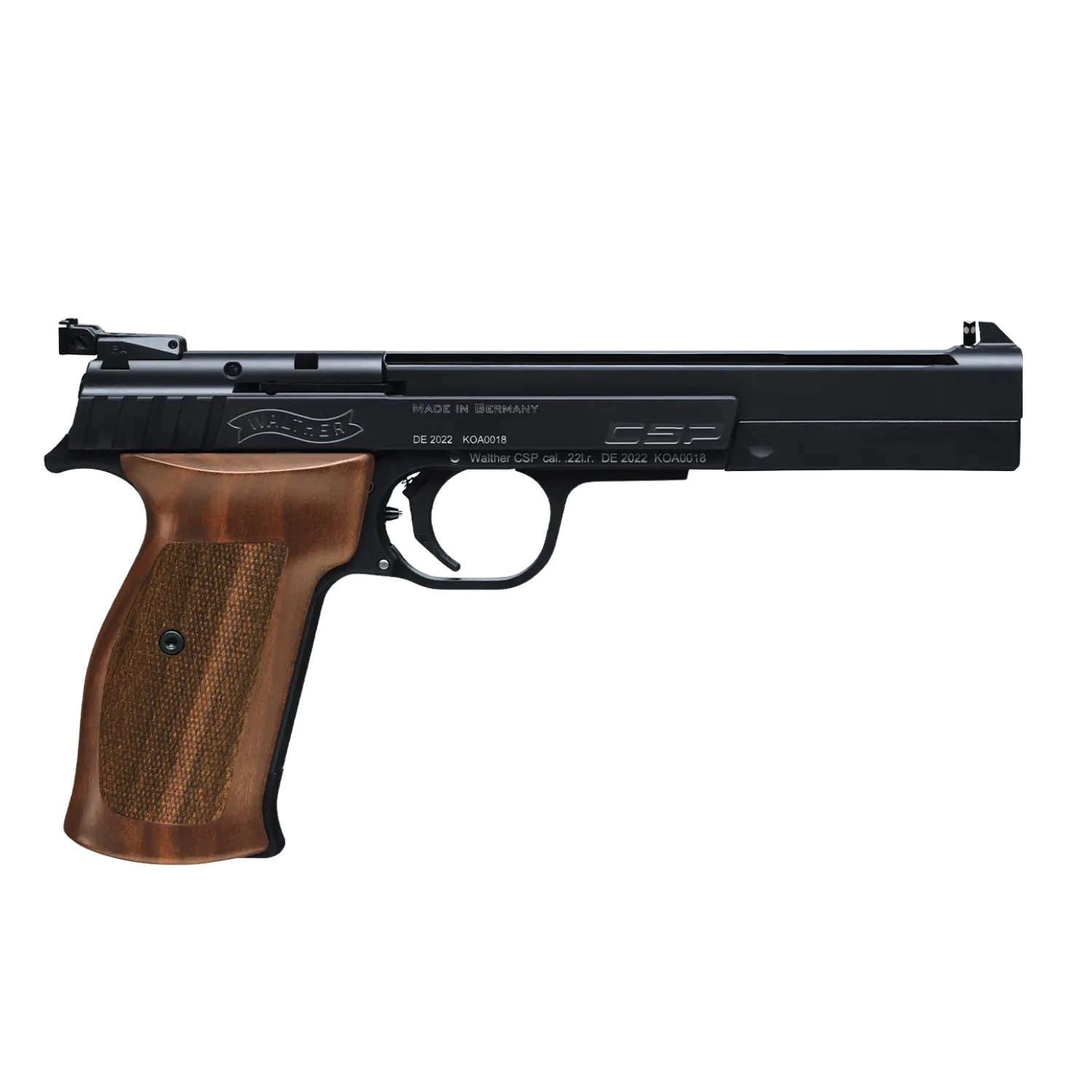 Schwarze Sportpistole von Walther mit dynamischen Holzgriffschalen und der Aufschrift CSP
