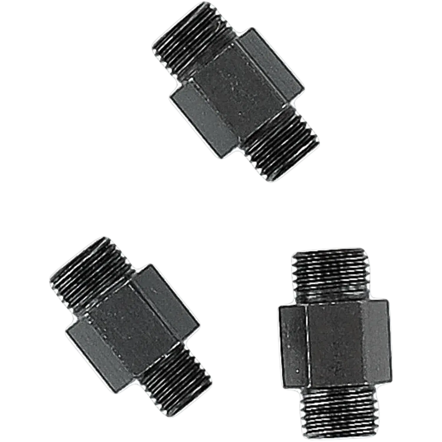 Drei schwarze, sechseckige Metalladapter mit Außengewinde an beiden Enden, angeordnet auf weißem Hintergrund.