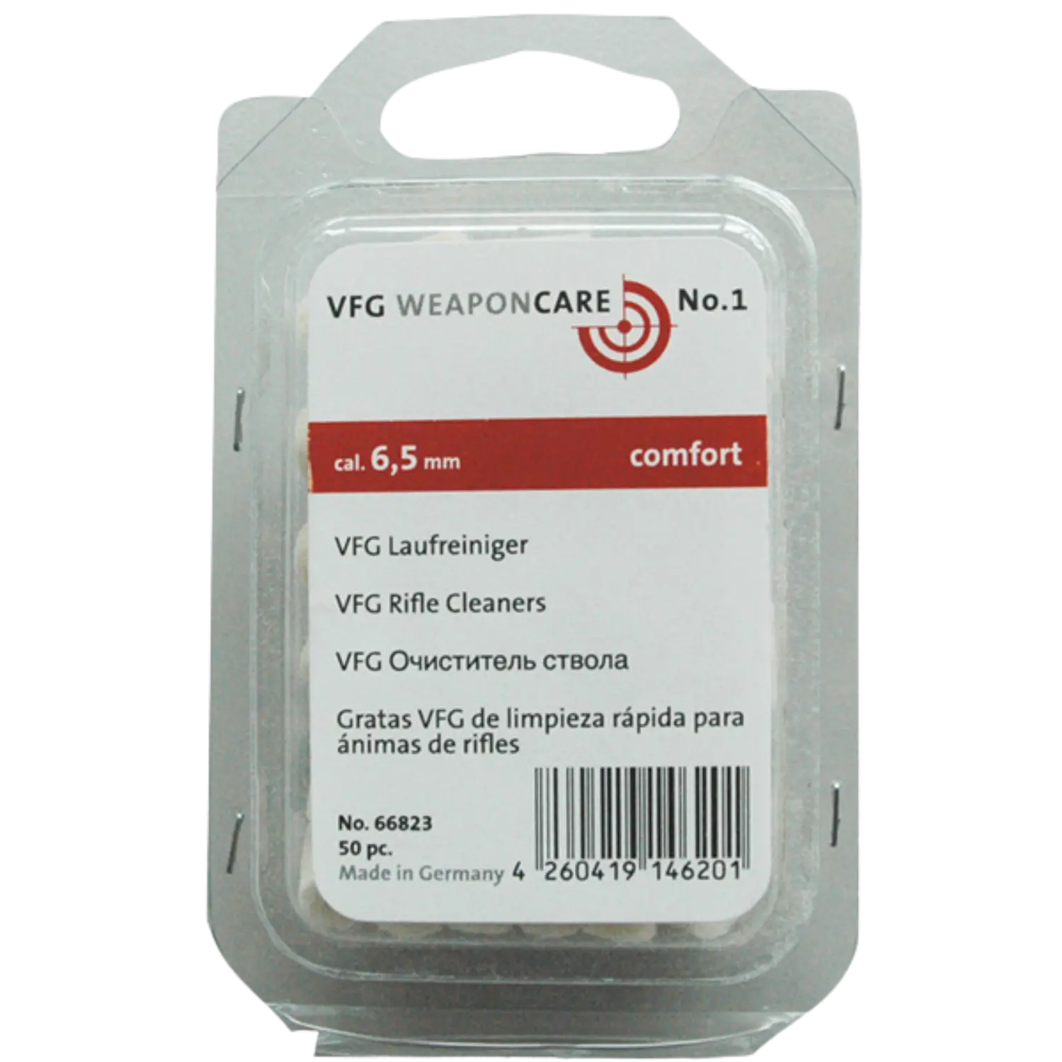 VFG Laufreiniger comfort Kal. 6,5mm 50St. Verpackung mit VFG Laufreiniger No. 1 für Kaliber 6,5 mm, weißer Karton mit rotem Streifen, Barcode und Text in mehreren Sprachen.