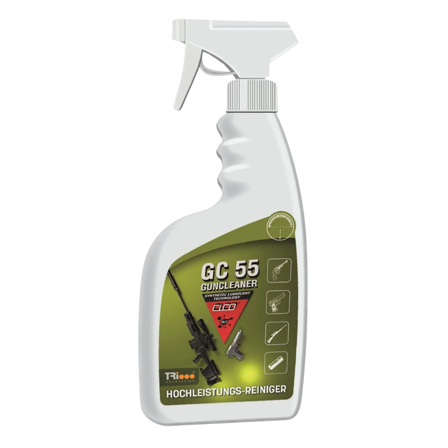 CICO® Guncleaner GC 55 500ml Spray Sprühflasche mit ergonomischem Griff, Etikett zeigt Gewehr, Pistole, Reinigungsbürste und Waffe, Text 'GC 55 GUNCLEANER', 'HOCHLEISTUNGS-REINIGER'