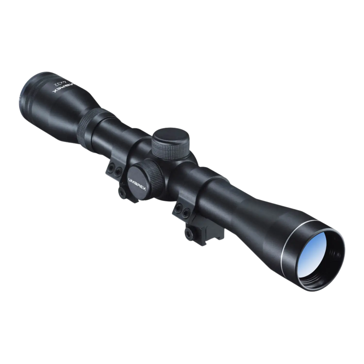 Umarex Zielfernrohr RS4x32, schwarz, zylindrische Form mit zwei Linsen, mittlerem Einstellrad und Montagehalterung.