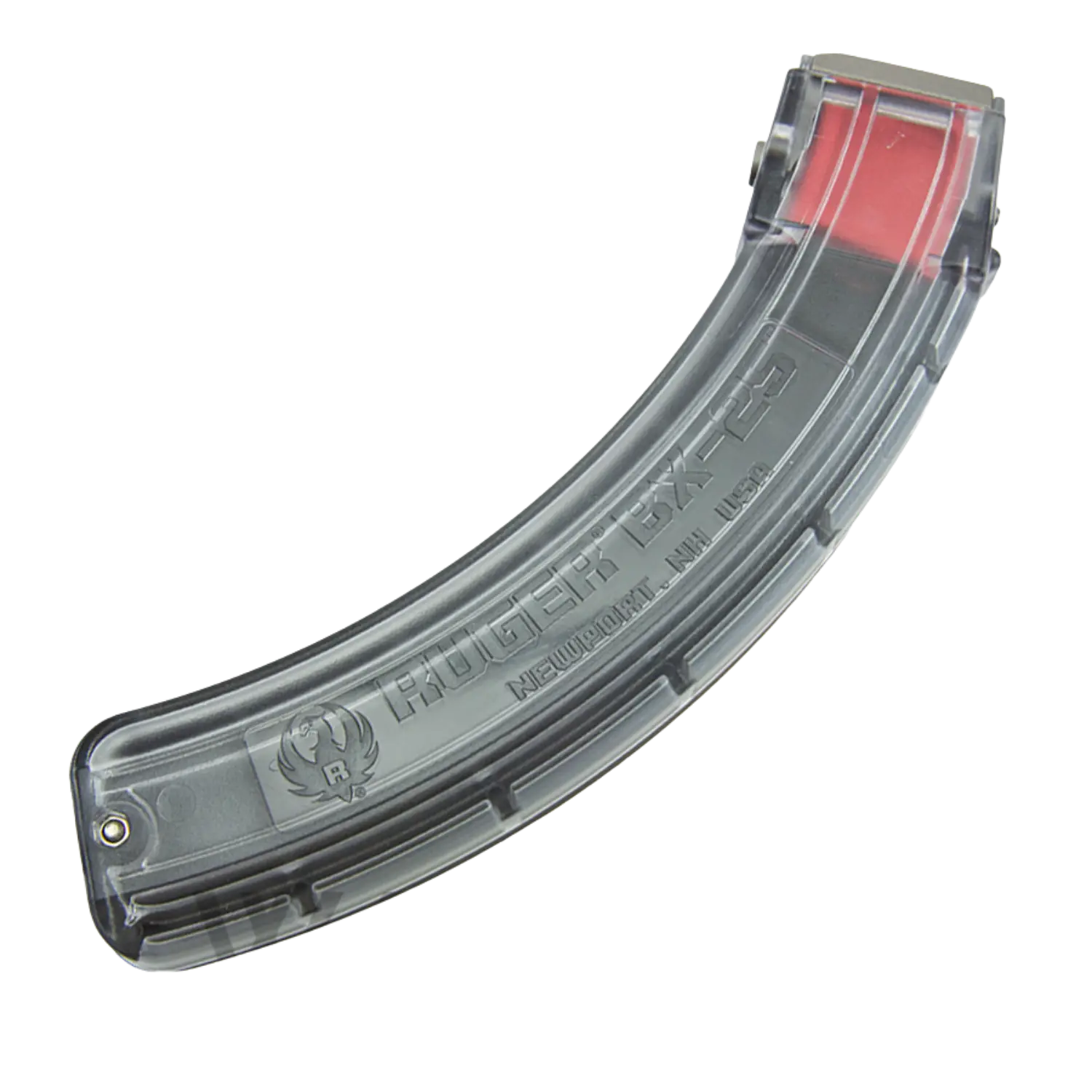 Transparenter Ruger 25-Schuss-Magazin mit gebogenem Design, sichtbarem roten Patronenindikator und geprägtem Logo.