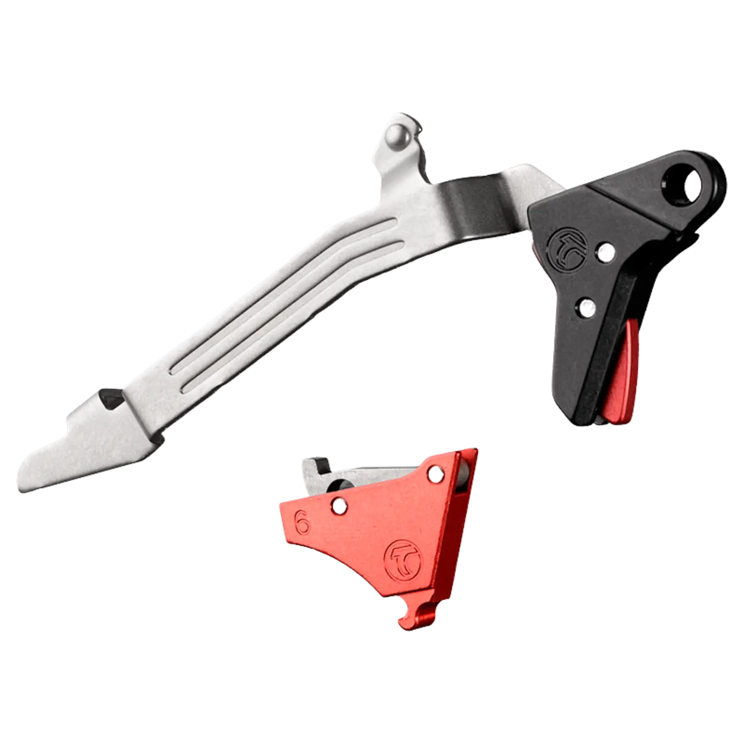 Timney Alpha Abzug für Glock Gen 6 mit geradem Abzugsbügel in silber und zwei zusätzlichen Abzugsteilen in Schwarz und Rot mit Timney-Logo