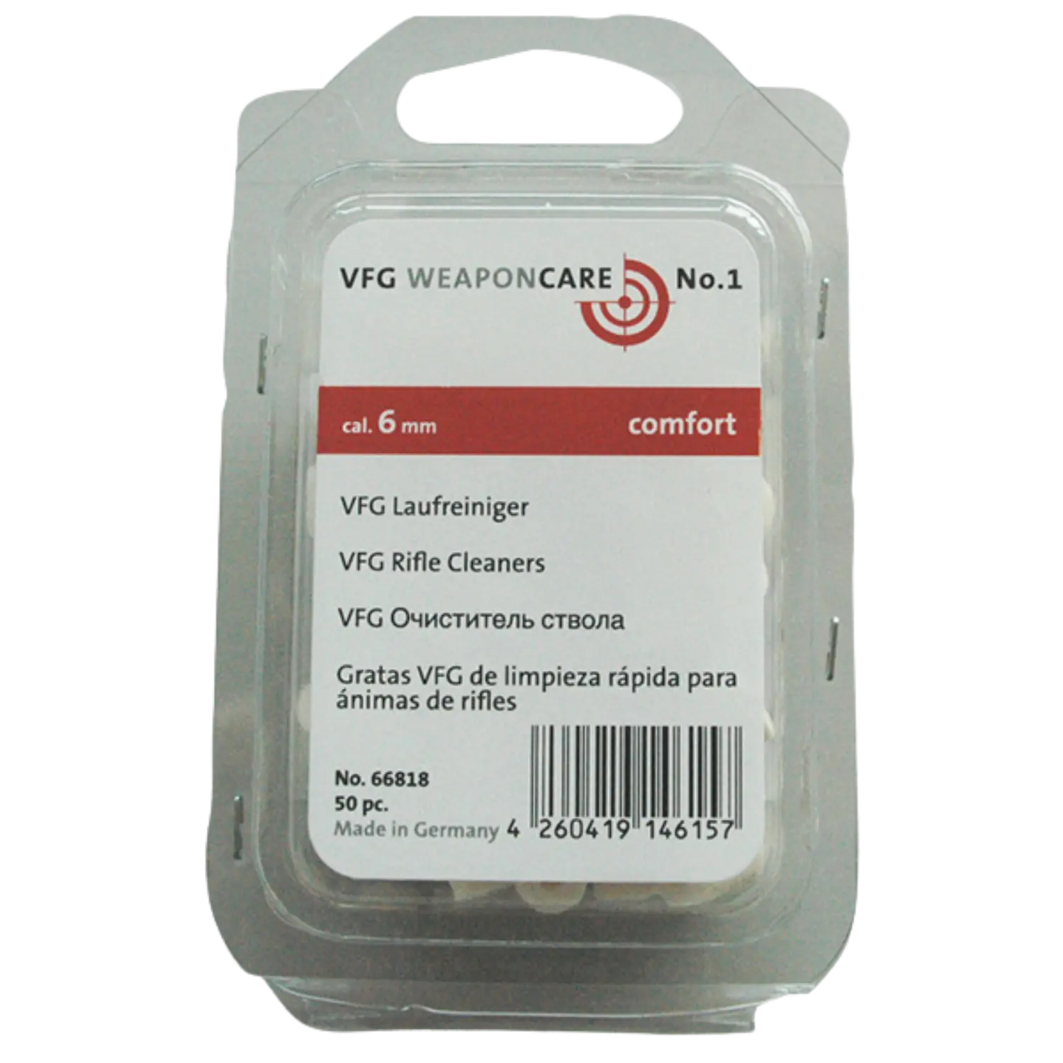 VFG Laufreiniger comfort 50St. Transparente Kunststoffverpackung mit VFG Laufreiniger für Kaliber 6 mm, weiß, mit Aufschrift in mehreren Sprachen und Barcode.