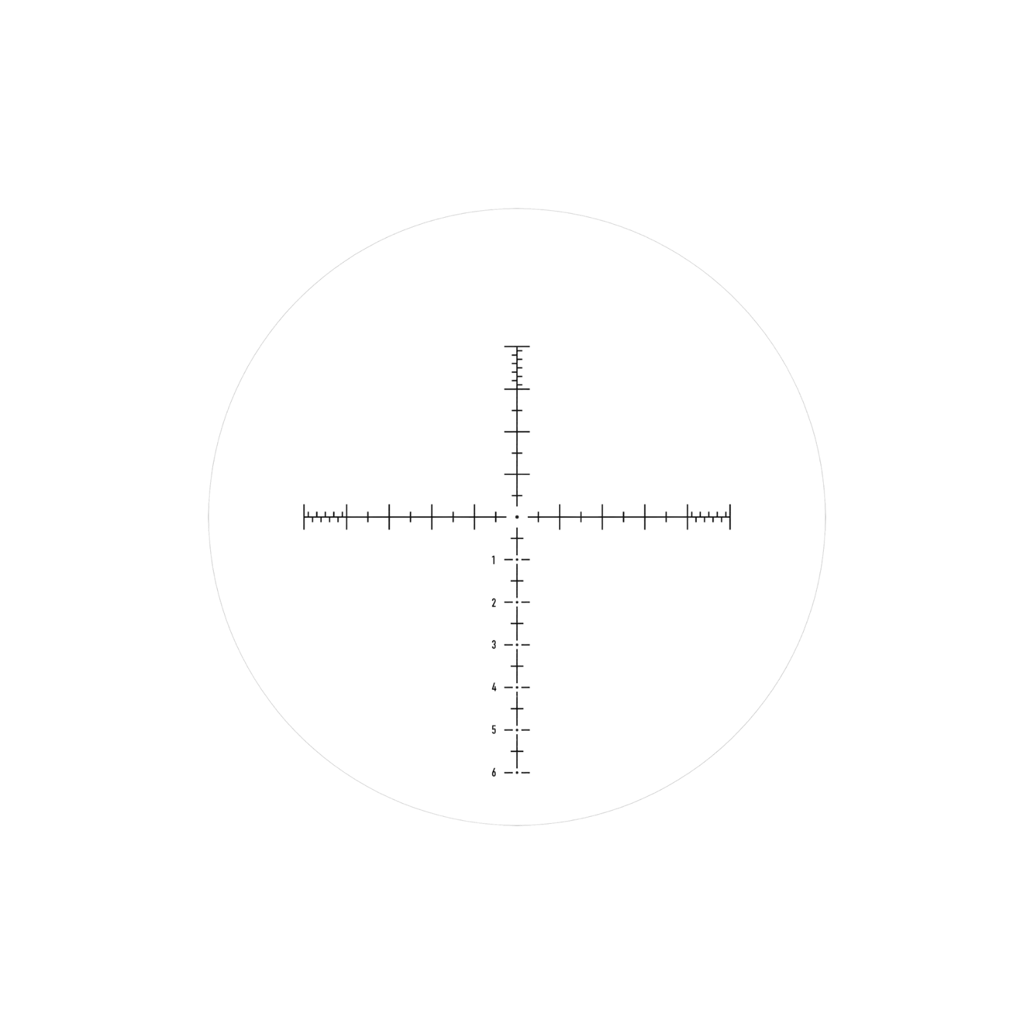 Fadenkreuz mit vertikalen und horizontalen Linien, Ziffern von 1 bis 6 an der Seite, sowie feinen Markierungen für präzise Zielerfassung.