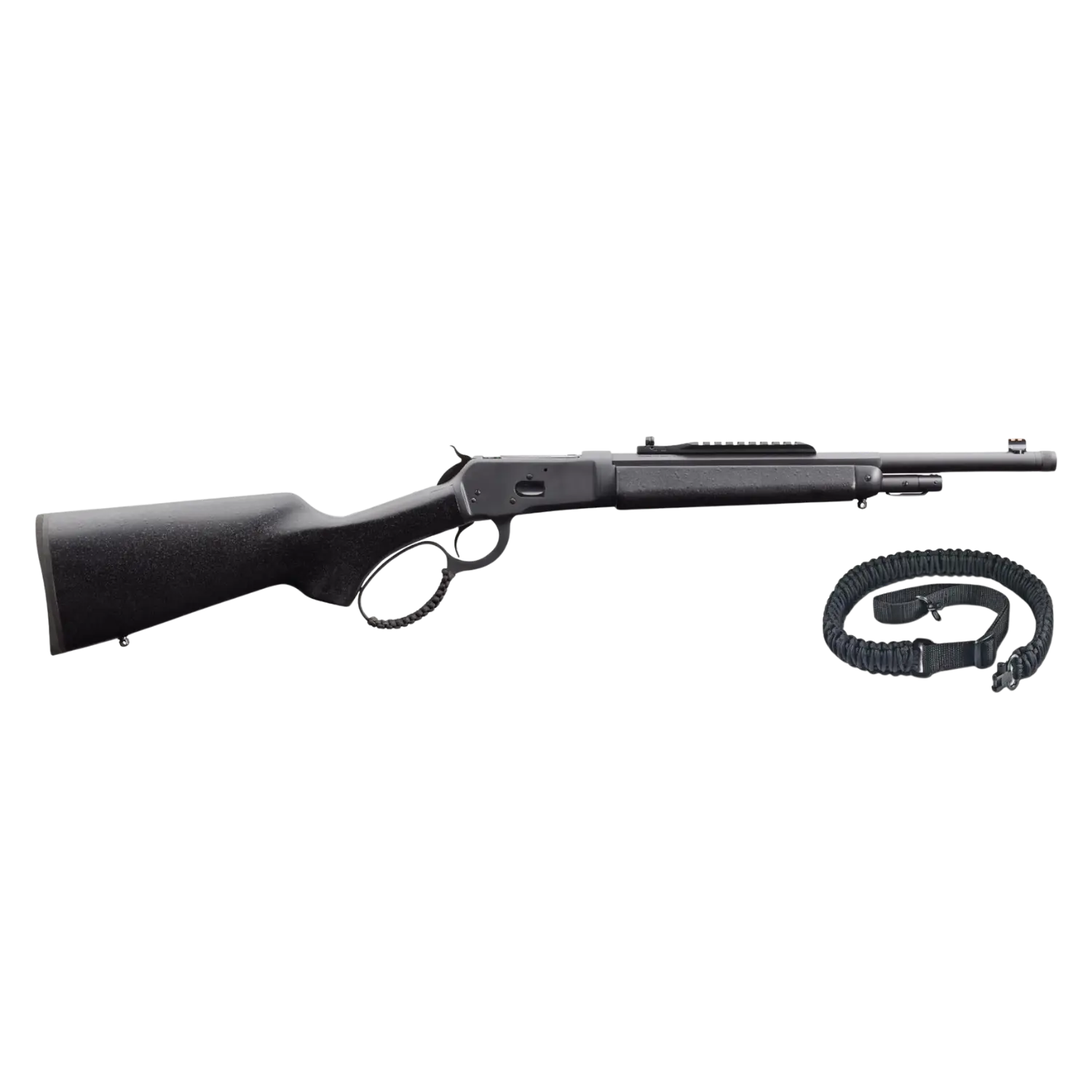 Matt schwarze Unterhebelrepetierbüchse mit Gewehrriemen in der Rechtsansicht