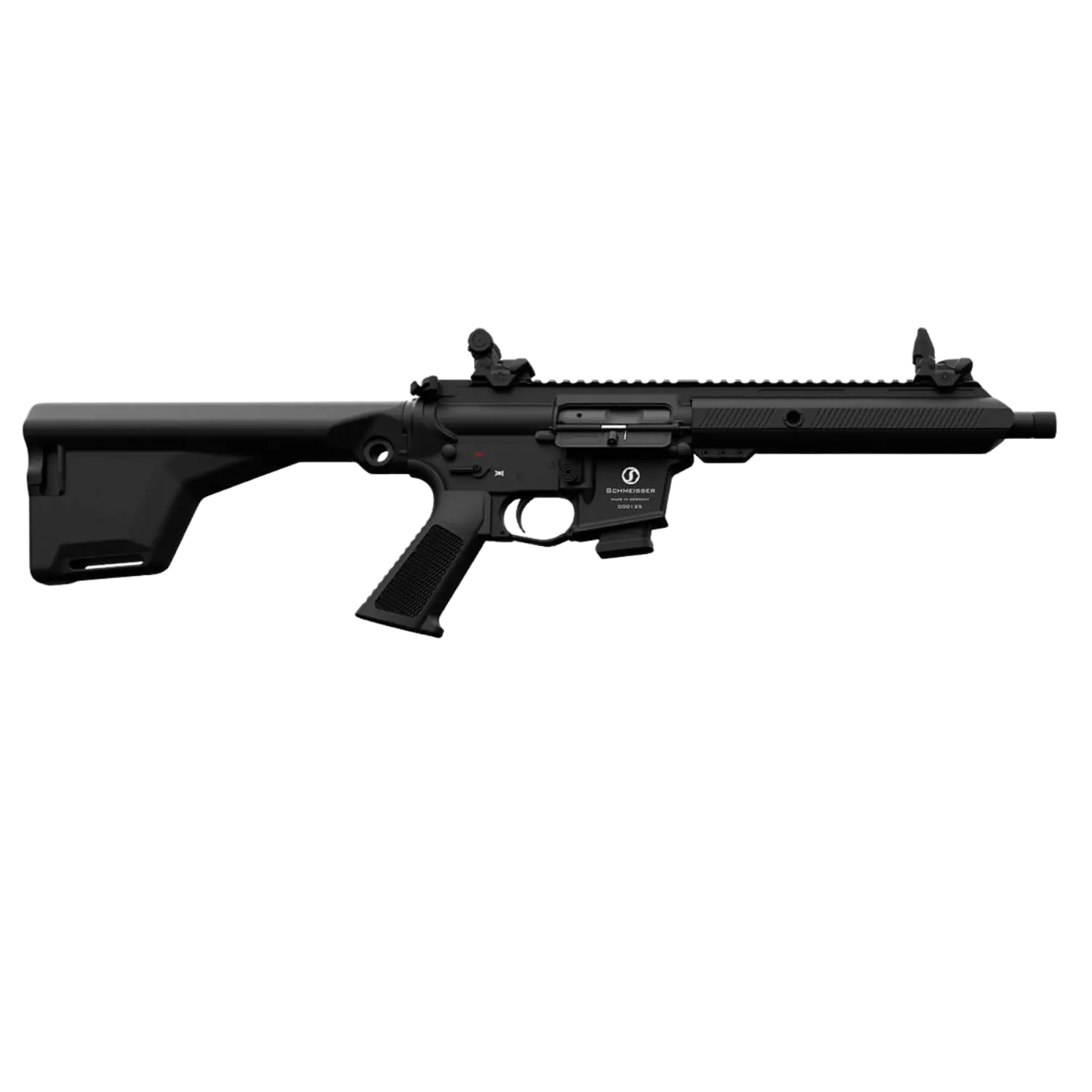 Schwarzes Sportgewehr mit verstellbarem Schaft, Visiereinrichtungen und Pistolengriff, Seitenansicht.