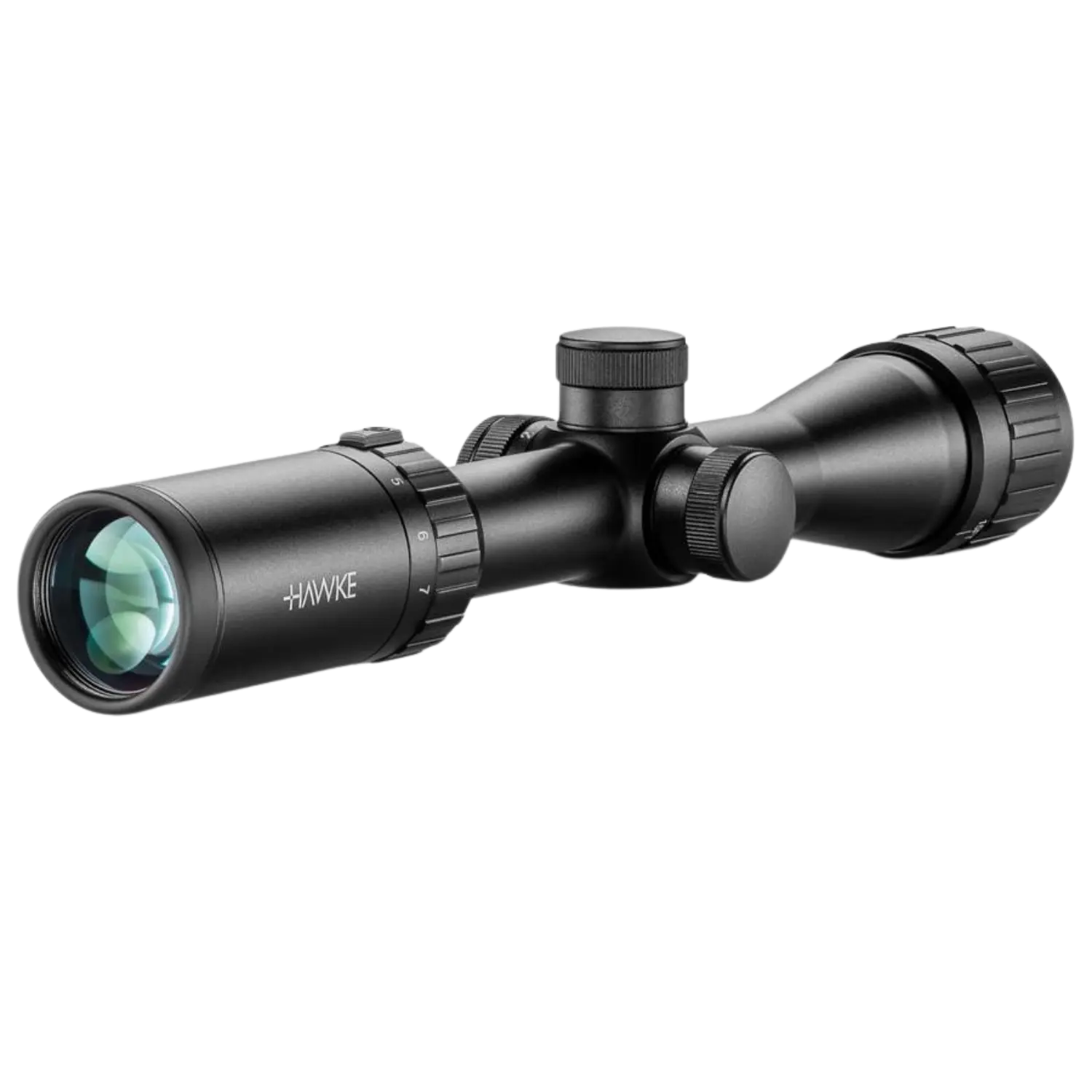 Hawke Vantage Zielfernrohr, 2-7x32, schwarz, zylindrische Form, mit verstellbarem Okular und zwei Einstellrädern.