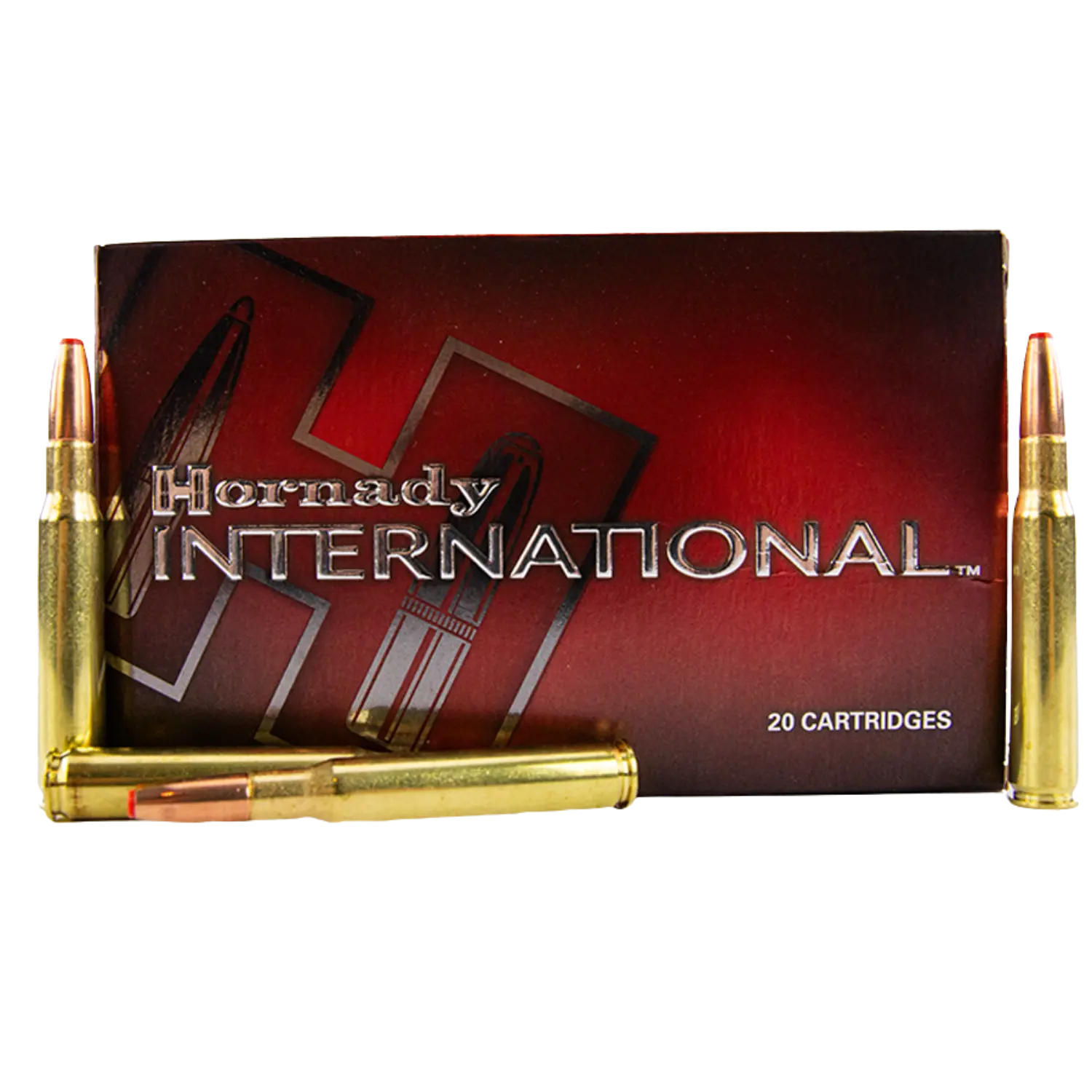 Eine Packung mit 20 Hornady International .30-06 Patronen. Die Patronen sind aus Messing mit einer spitzen, roten Geschosskuppe.