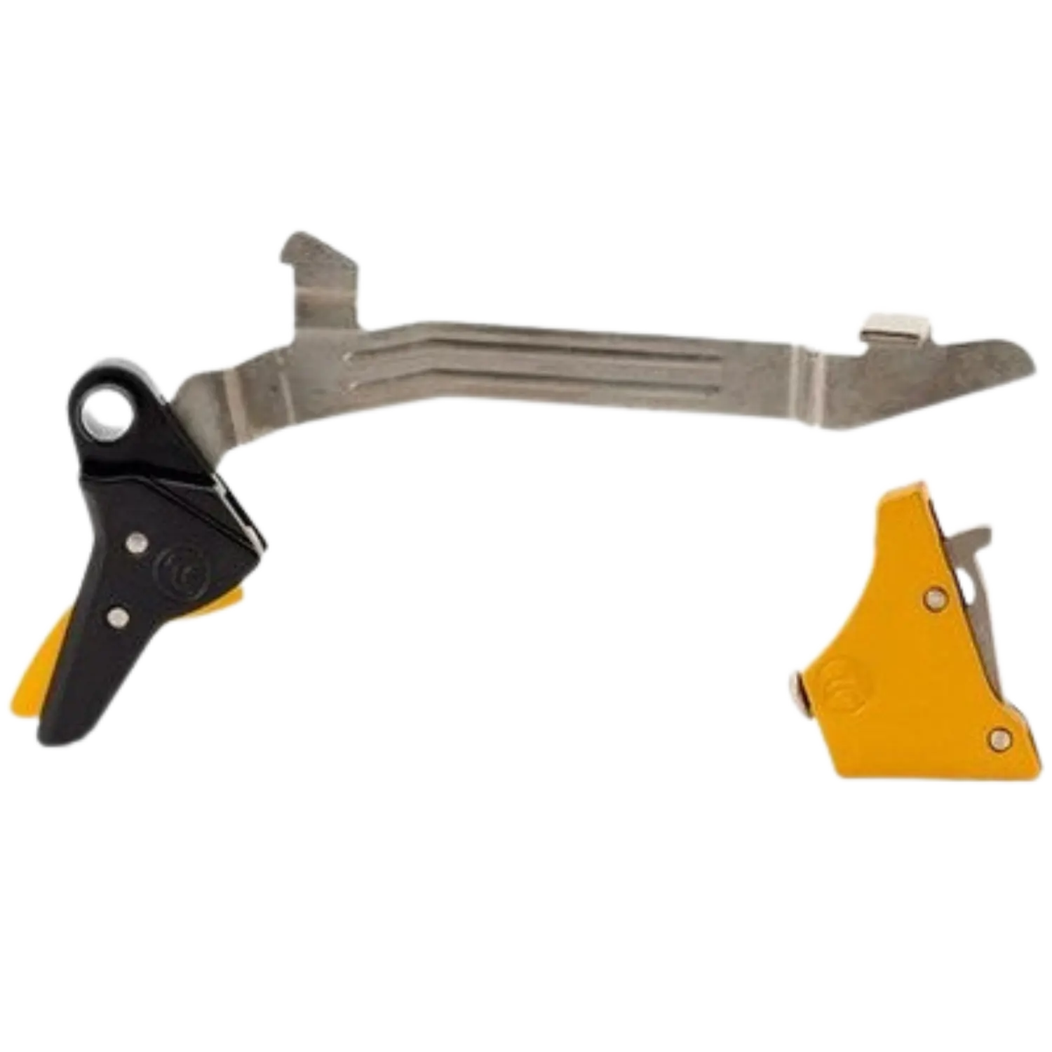 Timney Alpha Abzug für Glock 3-4 Large Gold Metallischer Abzug mit schwarzem und gelbem Kunststoffteil, bestehend aus zwei verbundenen Teilen mit Schrauben und Hebeln.