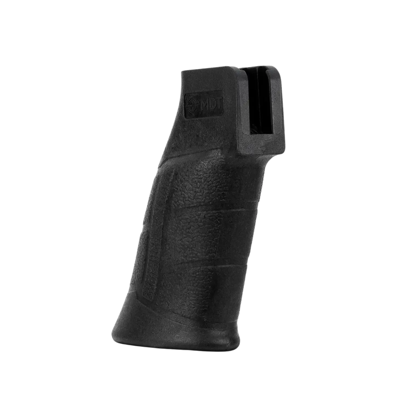Schwarzer Pistolengriff aus Kunststoff mit strukturierter Oberfläche, oben mit Schlitz und eingeprägtem Schriftzug 'MDT'.
