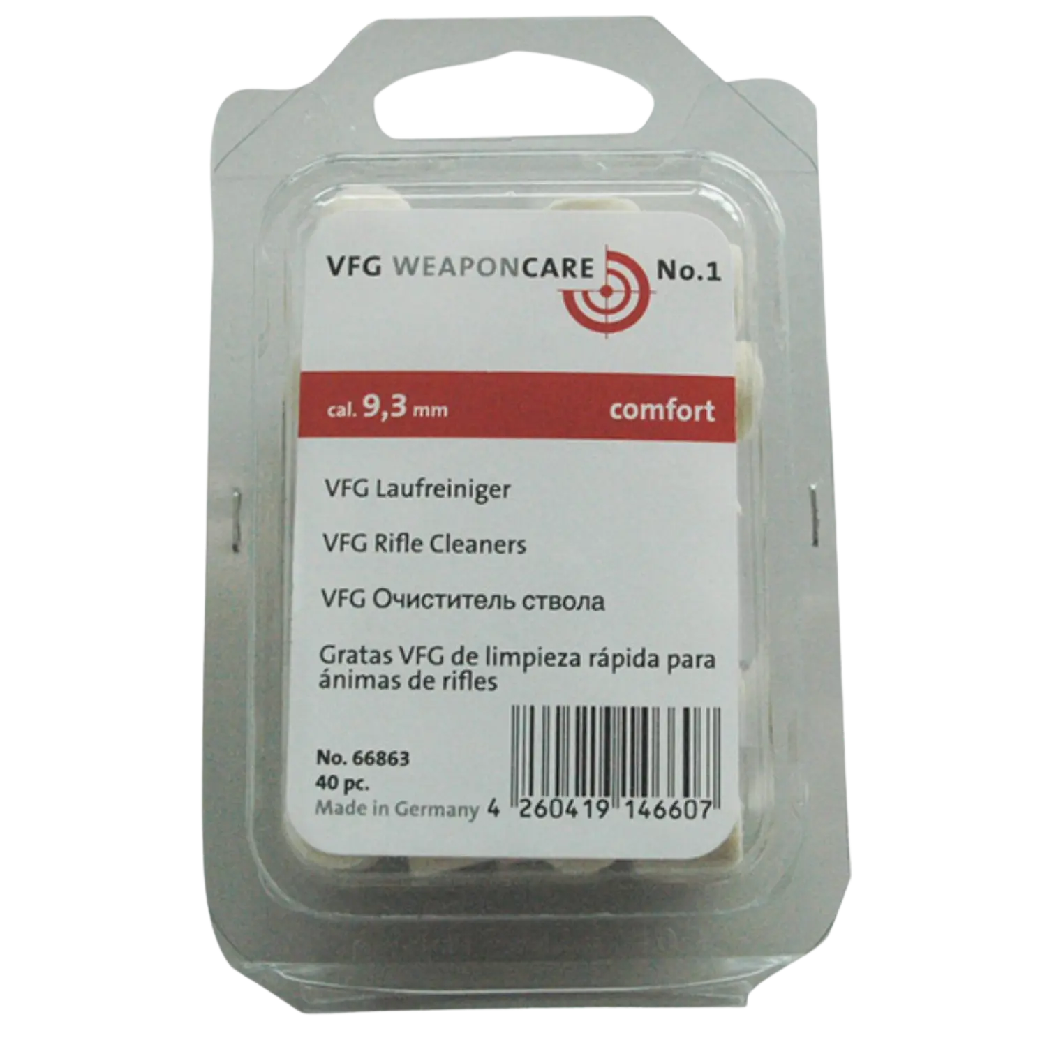 VFG Laufreiniger comfort 40St. - Kaliberauswahl 9mm I 9,3mm Verpackung des VFG Laufreinigers No. 1 für Kaliber 9,3 mm, transparent mit weißem Etikett und rotem Balken, Text in mehreren Sprachen, Made in Germany.