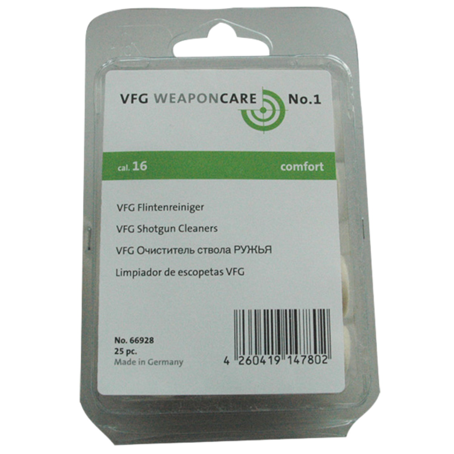 VFG Flinten-Filzreiniger Kal. 16 - 25 St. Verpackung des VFG Flintenreinigers No. 1, Kaliber 16, mit mehrsprachiger Produktbezeichnung und Barcode, hergestellt in Deutschland.