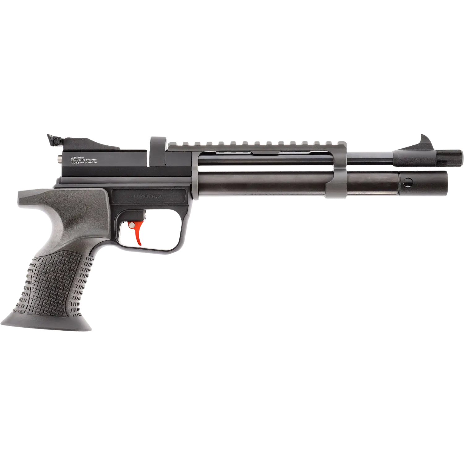 Seitenansicht der UX SPA 100 Master Pressluftpistole mit ergonomischem Griff, langem Lauf und offenem Visier