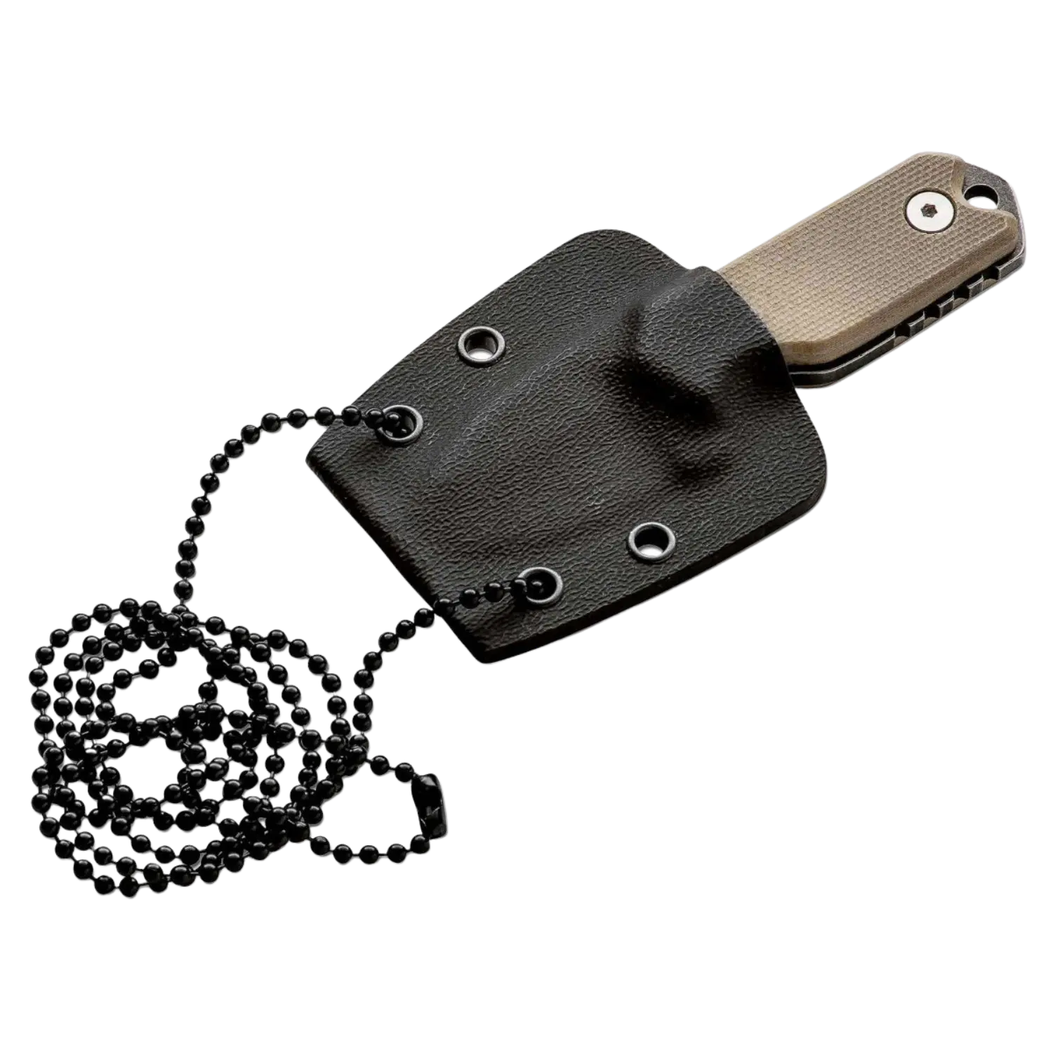 Magnum Lil Friend Micro Taschenmesser mit braunem Griff und schwarzer Scheide an schwarzer Kugelkette