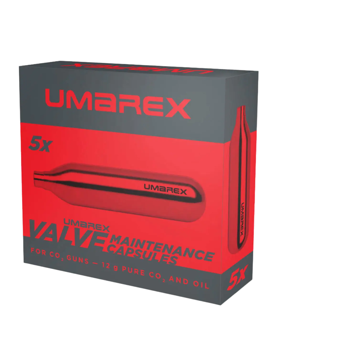 Rot-schwarze Umarex Packung mit 5 Wartungskapseln 12g für CO2-Waffen.