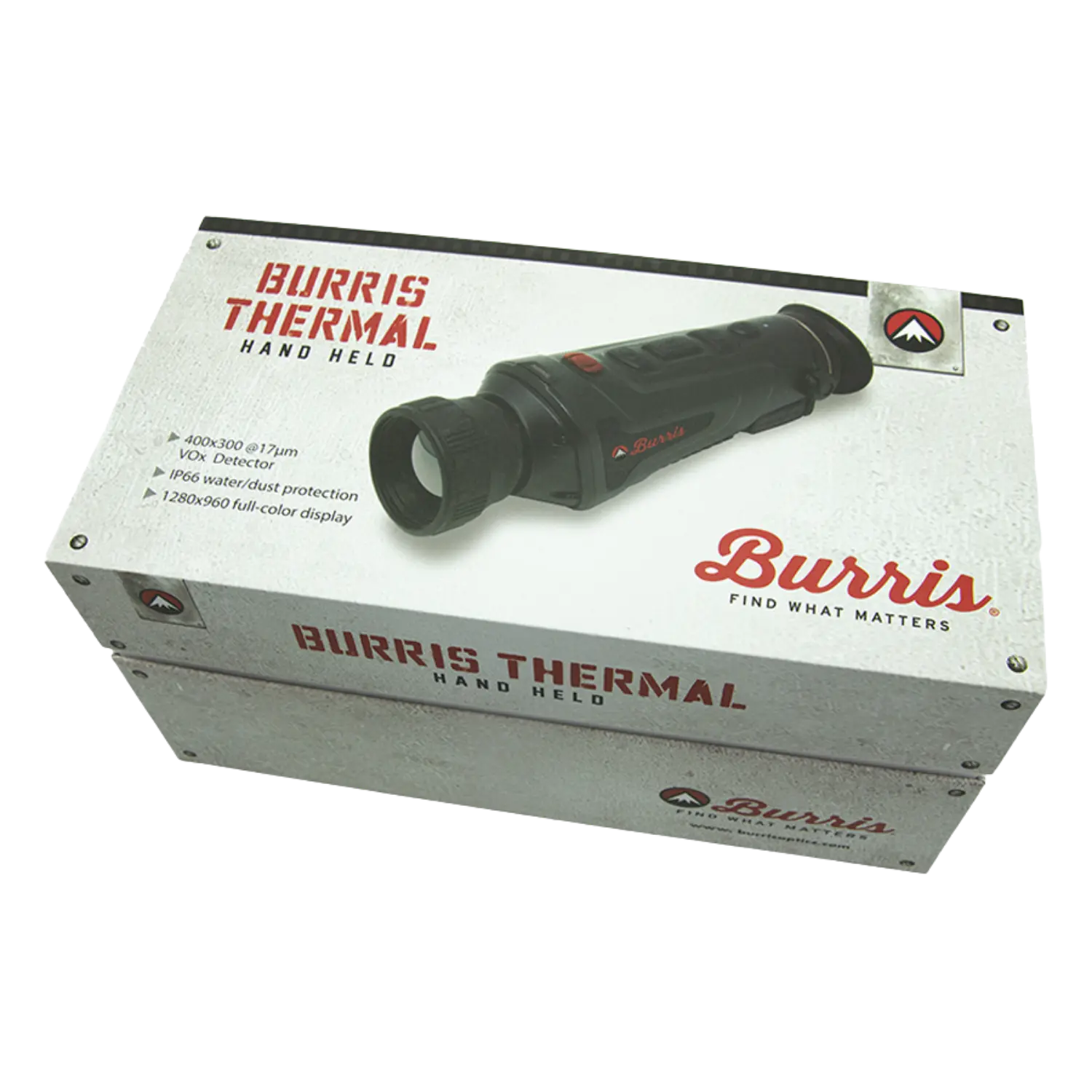 Schwarze Handheld-Thermalkamera von Burris auf einer grauen Verpackung. Auf der Box steht 'BURRIS THERMAL' und 'FIND WHAT MATTERS'.