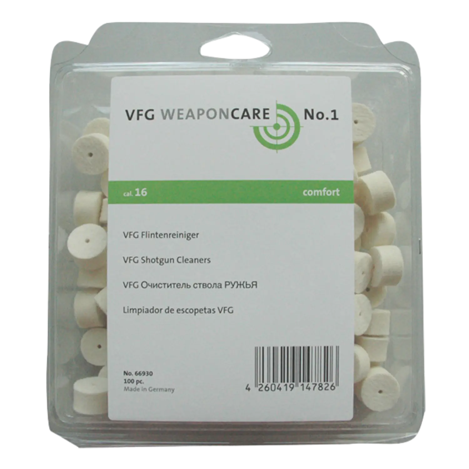 VFG Flinten-Filzreiniger Kal. 16 - 100 St. Verpackung des VFG Flintenreinigers No. 1, Kaliber 16, mit mehrsprachiger Produktbezeichnung und Barcode, hergestellt in Deutschland.