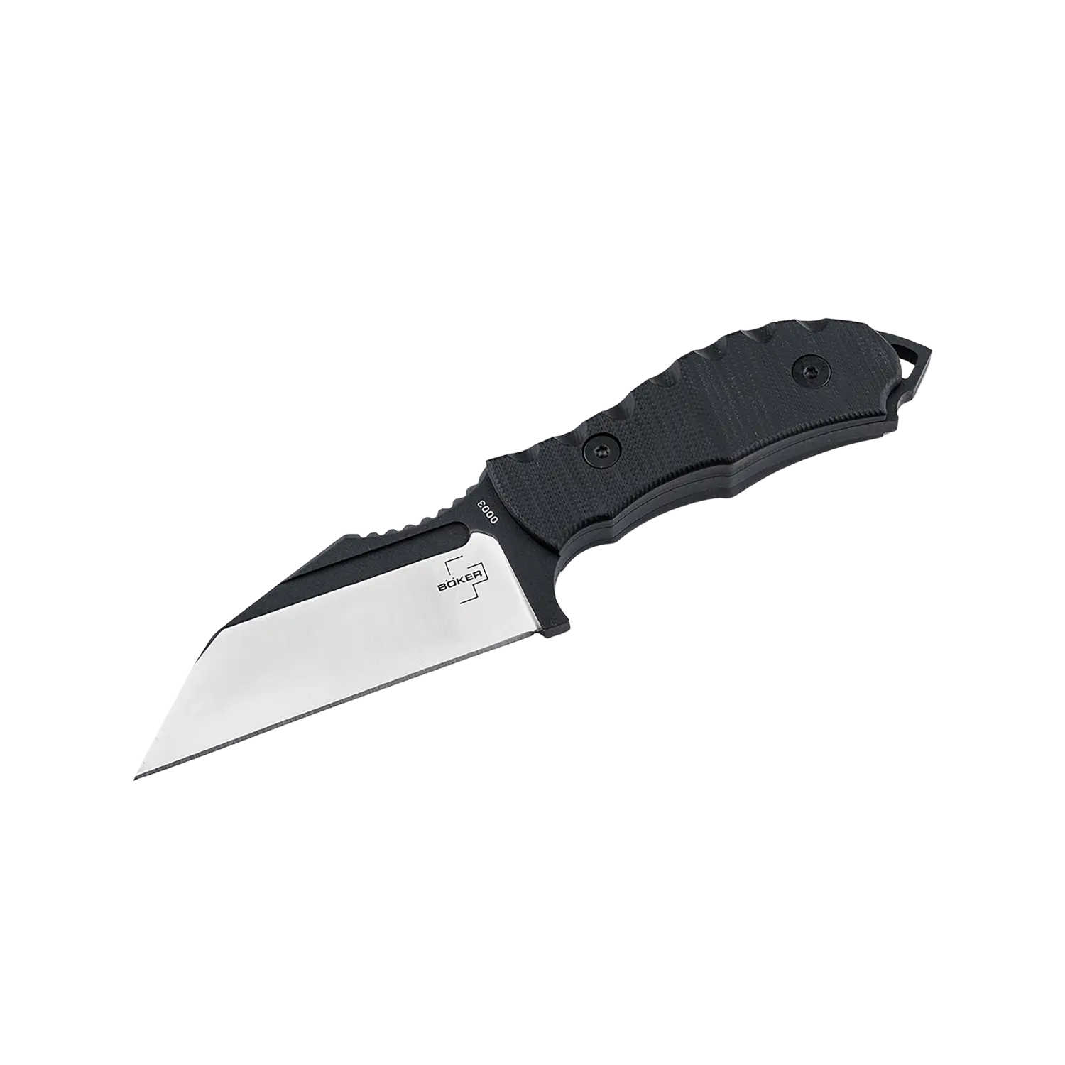 Böker Plus Andhrimnir Mini Black feststehendes Messer mit schwarzem Griff und kurzer, breiter Klinge, Klingenaufdruck 'Böker Plus'.