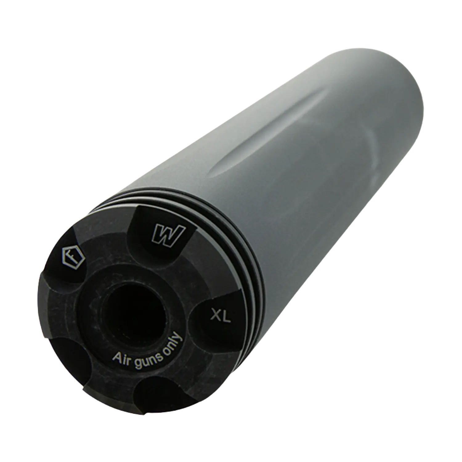 Schalldämpfer XL für Weihrauch HW 100 Pressluftgewehr, zylindrisch, schwarz-grau, mit Aufschrift 'Air guns only'