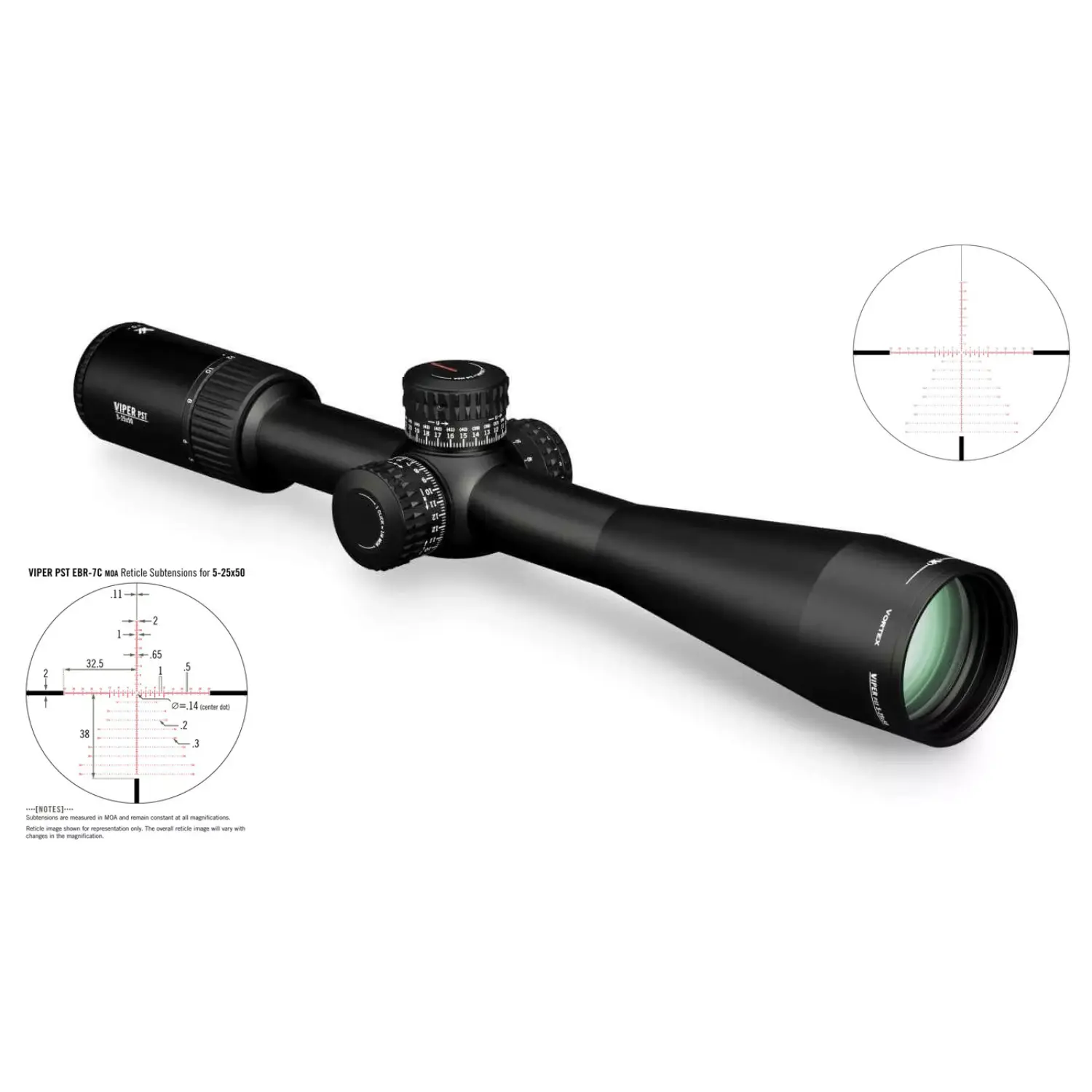 Vortex Zielfernrohr Viper PST Gen II 5-25x50 EBR-7C MOA FFP Vortex Zielfernrohr Viper PST Gen II 5-25x50 mit EBR-7C MOA Absehen, schwarzes Gehäuse, verstellbare Türme, zwei Detailansichten des Absehens mit Maßangaben.