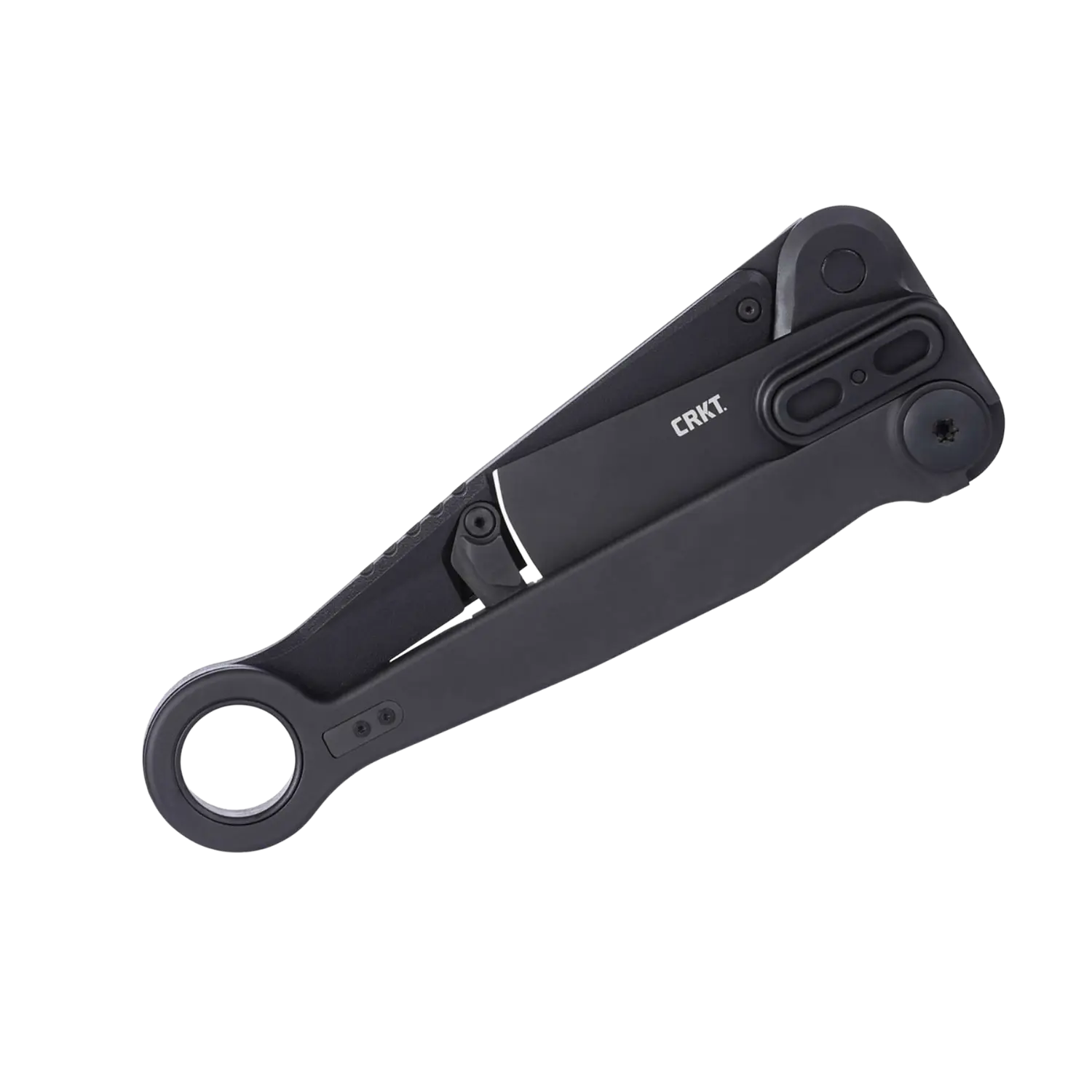 Gefaltete schwarze CRKT Provoke X Klapp-Axt mit rundem Griffende und sichtbarem Verriegelungsmechanismus