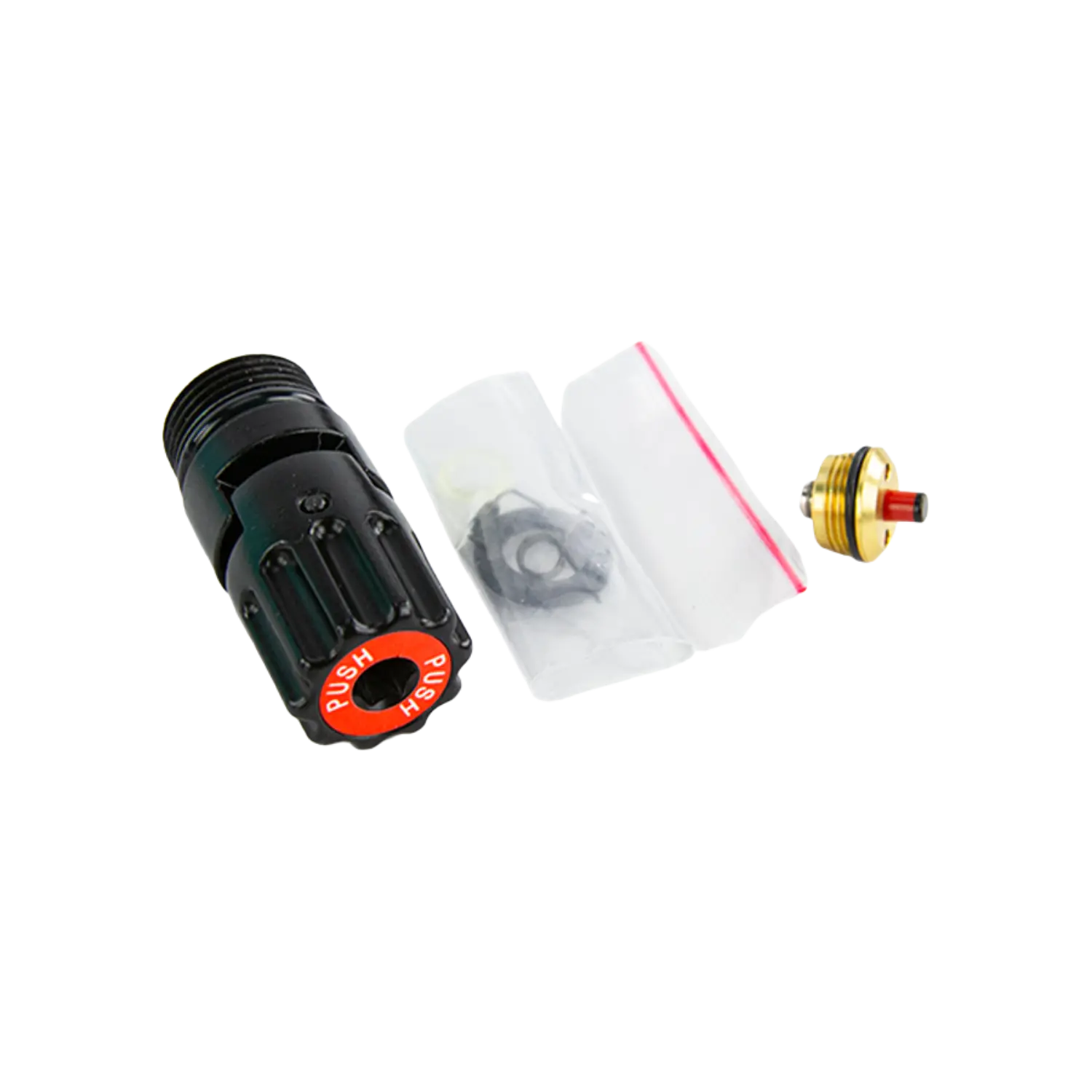 T4E HDR68 / TR68 Service Kit Schwarzes Service-Kit-Bauteil mit rotem Knopf 'PUSH', kleine Dichtungsteile in durchsichtiger Plastiktüte und goldfarbener Metalladapter mit rotem Einsatz.
