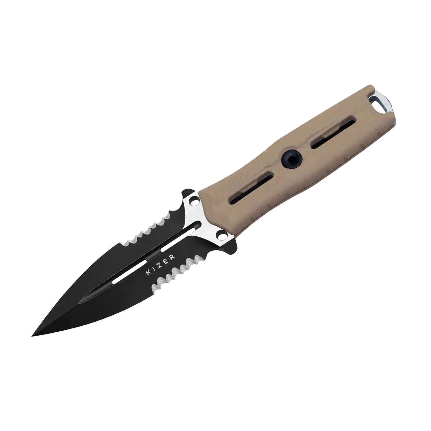 Tarnfarbenes Kizer Norcross Messer mit teils gezahnter, schwarzer, spitzer Klinge und Griff mit Loch und Schraube.